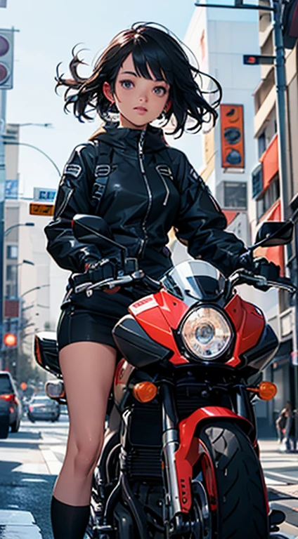 the highest picture quality, Detalles destacados, Ultra-high resolution, (Fidelidad: 1.4), The best illustration, Detalles del favor, Altamente condensado 1girl, con un rostro delicado y hermoso, vestido de mecha blanco y negro, Llevar un casco mecha, Holding a direction controller, Conducir en una motocicleta, The background is a high-tech lighting scene of the future city..
