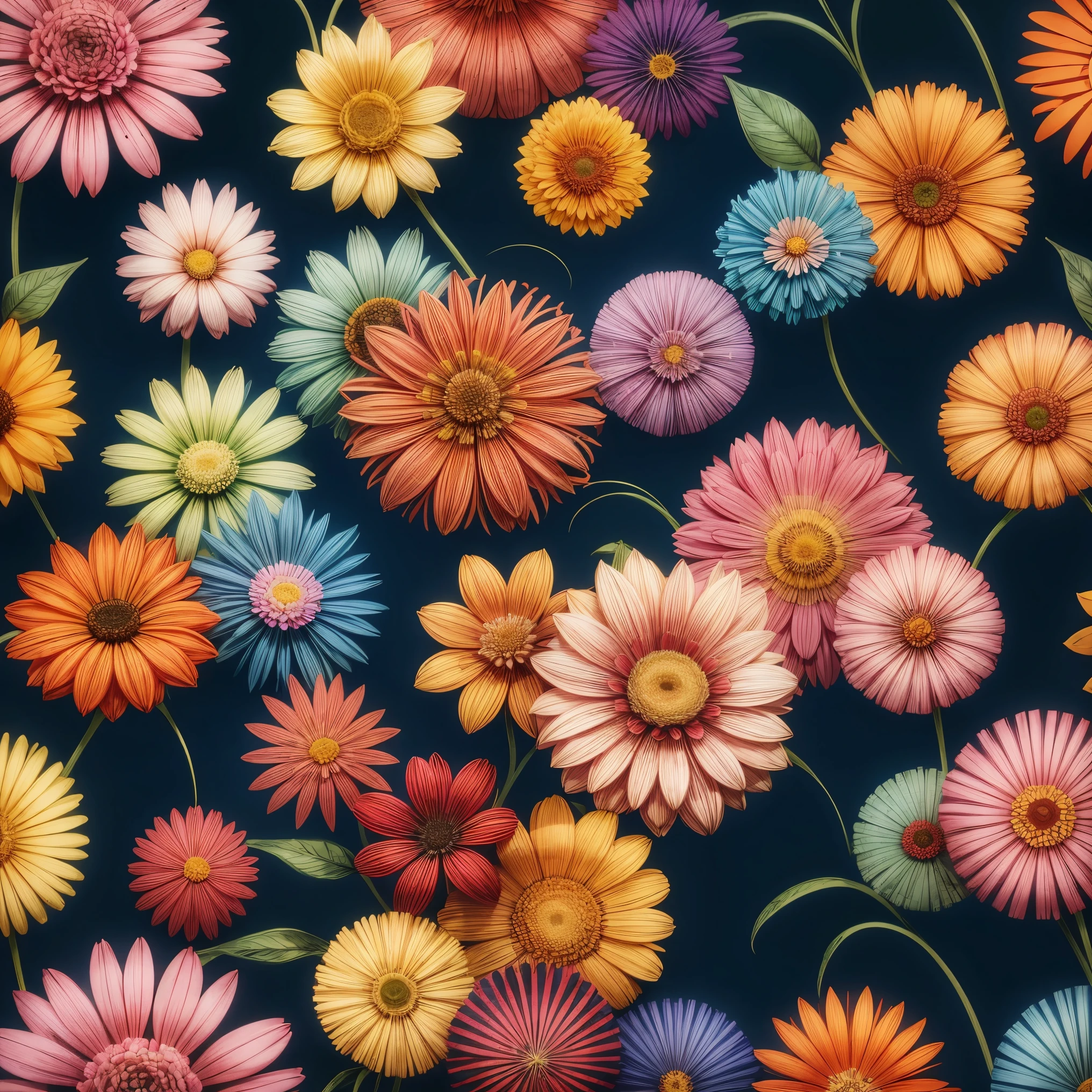 2D flowers pattern. full of colors. many of different flowers.