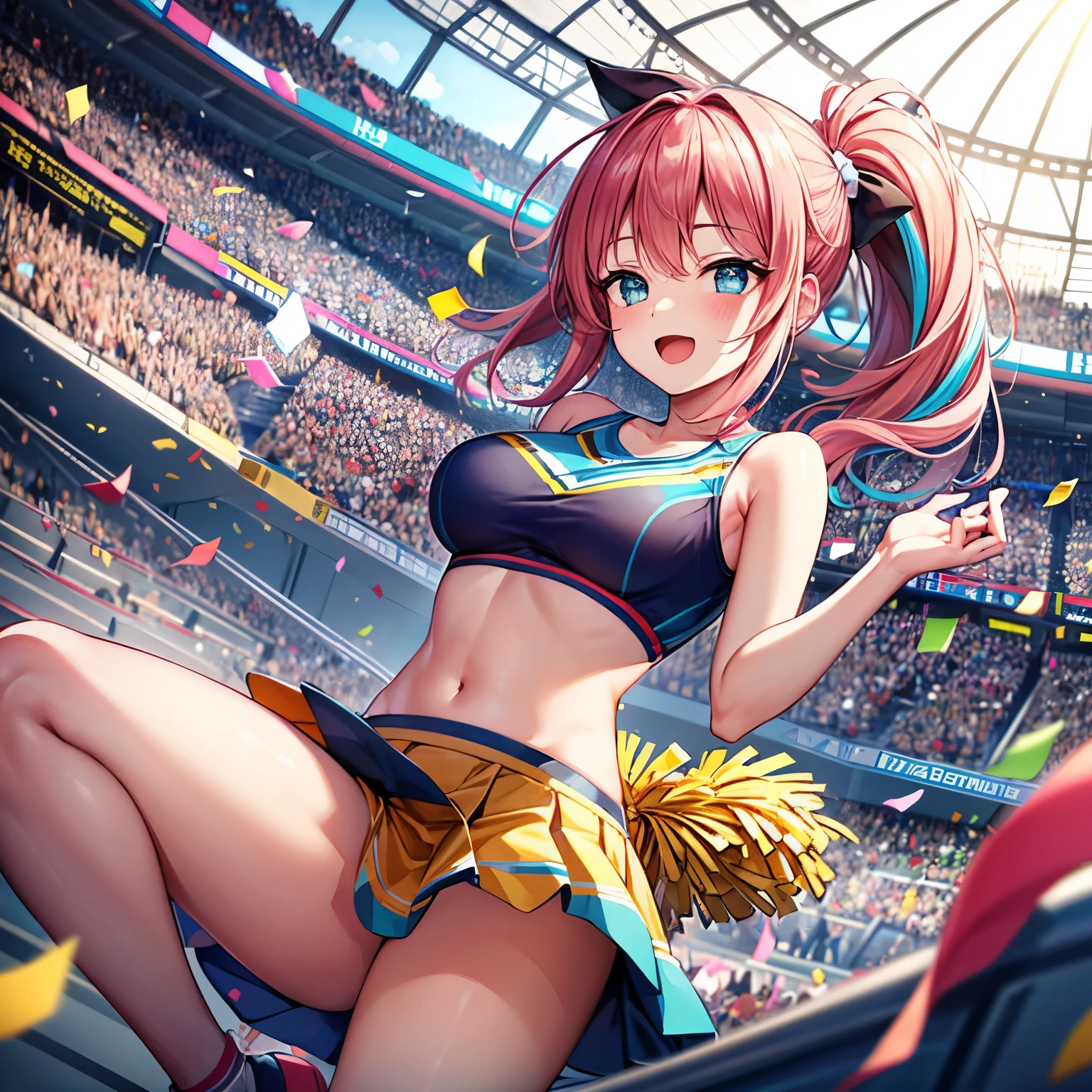 (best quality:1.2), masterpiece, high resolution, perfect lighting, lens flare, cheerleader, jump, long hair, ponytail, holding pom poms, burst into laughter, sleeveless, vivid, detailed eyes, bra, skirt, BREAK ((colorful confetti)), stadium, gorgeous, Glimmer, effect, sleep in bed
