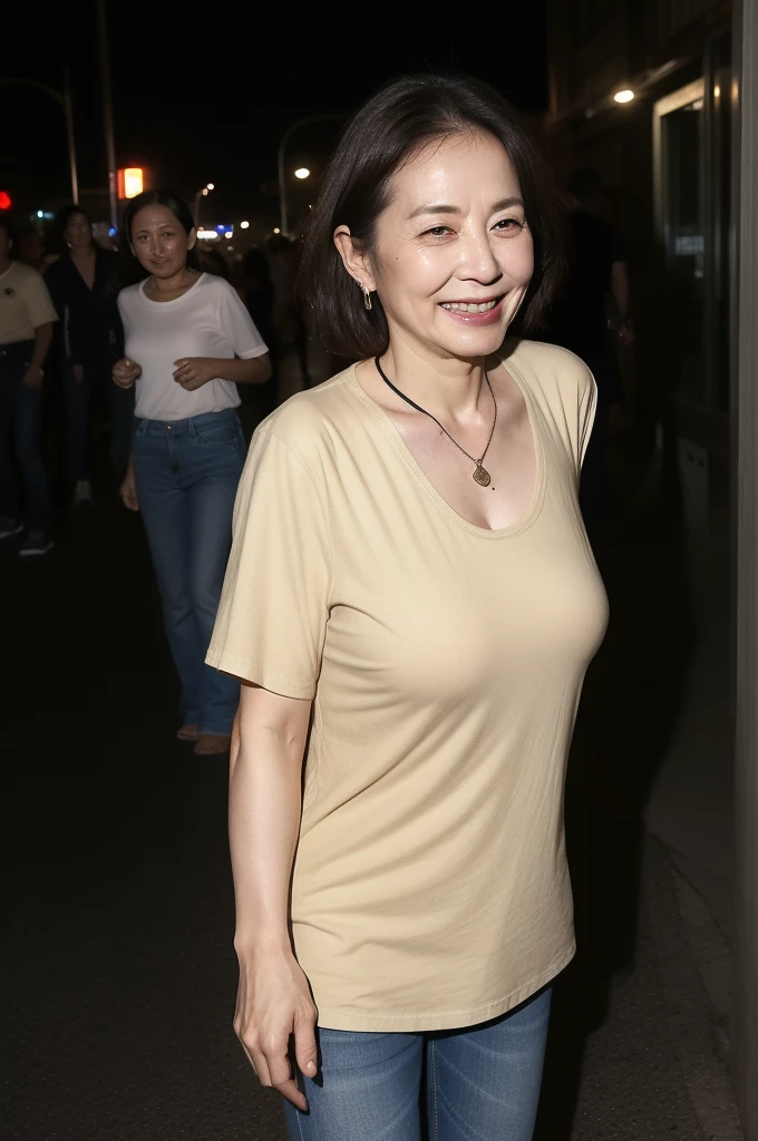 masterpiece, best quality, 16K, city, old woman, happy, smiling, standing, looking at viewer, front view, long hair, wave hair, black hair, eyes open, (large breasts:1.32), (wrinkles corners eyes:1.48), (nasolabial:1.48), (old skin:1.48), pale skin, freckled skin, wrinkles skin, (old muscles:1.2), plump, ((khaki parka)), (white t-shirt), (jeans), piercing, necklace, boots, 50-year-old, old, elderly, japanese, outside, in the city, at night, real person, ultra realistic photo, nsfw, full body shot, front view