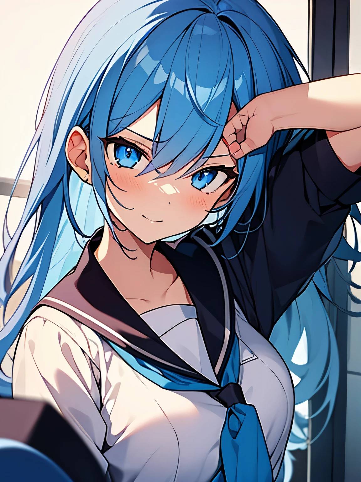 Girl, school uniform, blue hair, blue eyes, evil look