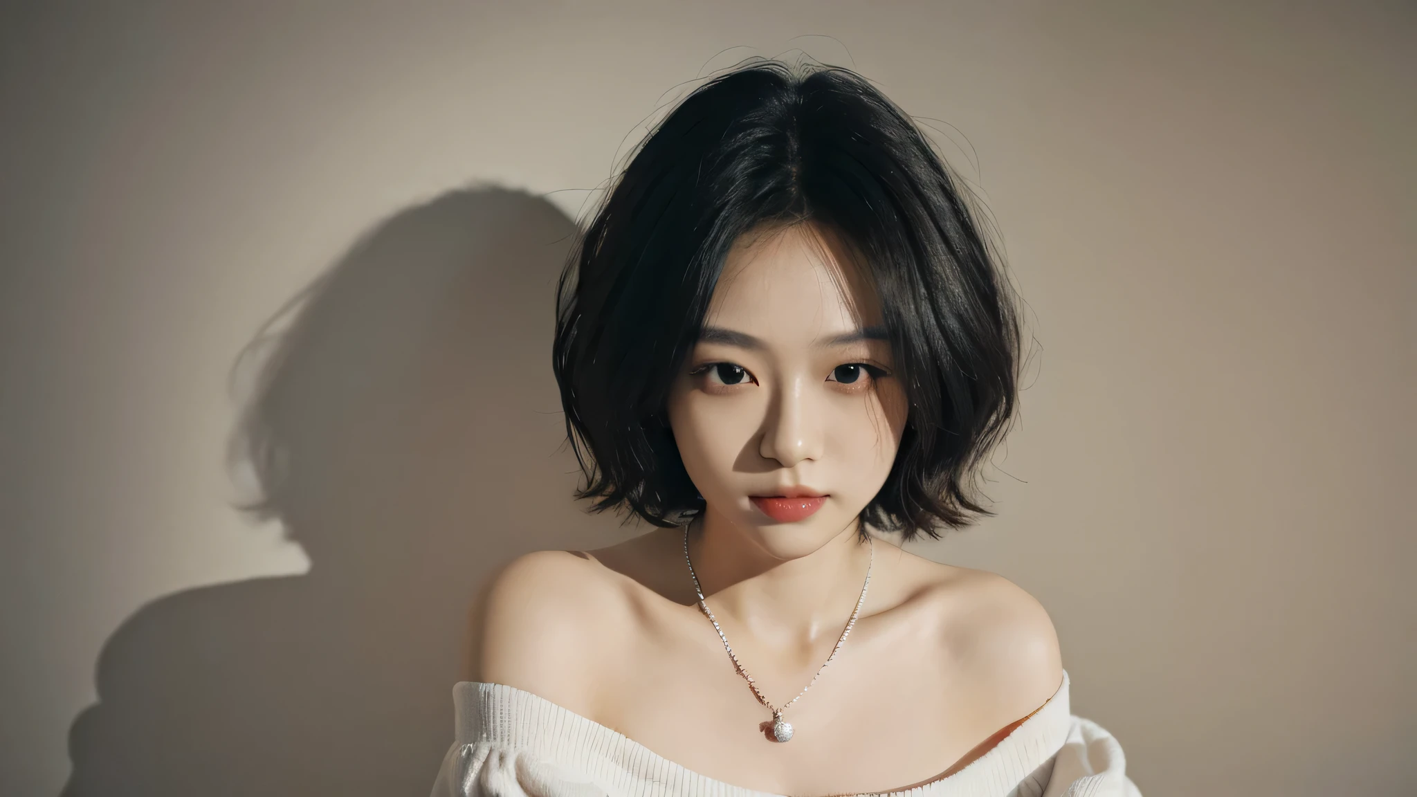 1Girl Fashion Photography Portrait, take off shoulders, fluffy short hair, soft light, rim light, beautiful shadow, low profile, (lifelike, original photo:1.2), (natural skin texture, lifelike眼睛和面部细节), Surrealism, ultra high resolution, 4K, best quality, masterpiece, necklace, (Split:0.8), in the darkness