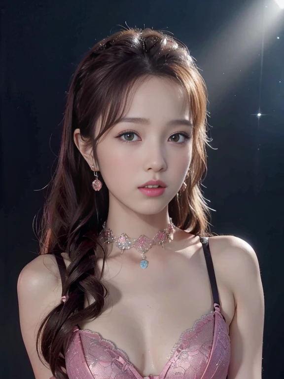 best quality，tmasterpiece，A high resolution，1girl, soft-colored pink bra set，deep v bra, hair adornments，choker necklace，jewelry，beautiful face，Dark glossy lipstick，Physically，dingdall effect，realisticlying，dark studio，edge lit，twotonelighting，（highdetailskin：1.2），8k uhd， dslr, softlighting, high high quality, volumettic light, sneak shot, photore, A high resolution, 4k, 8k, Background bokeh, small and firm breast,  full body