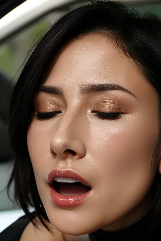table top,,Awards - Winning Photos, very detailed, edge orgasm,face focus, close up of face、(woman with open mouth and closed eyes ), 18-year-old、black haired、CNN news anchor、Glossy skin、Inside the car、close up of face,from below、realistic nose,short cut hair、kiss