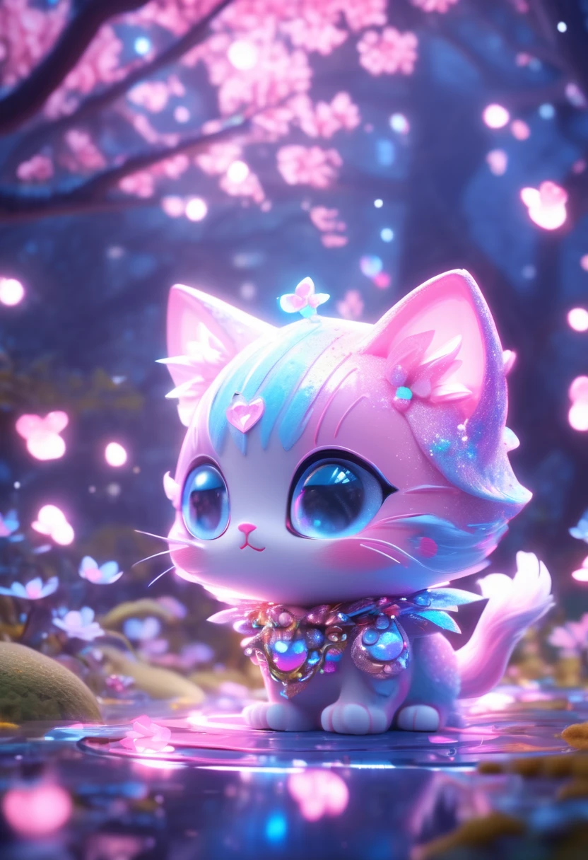side view, oversaturate, colorfully, Fairytale, dreamlike, Cinematic character render, oil painting, 3D, 8k resolution, sequins, glitter, sakura forest, moonlight, Close up Portrait adorable chibi kawaii anthropomorphic kitten king, Detailed eyes, large round reflective eyes,
