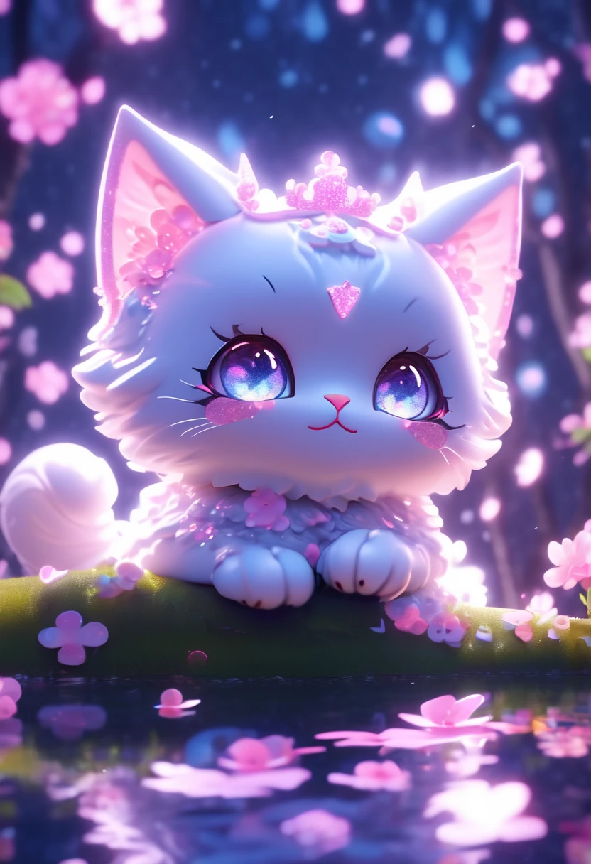 side view, oversaturate, colorfully, Fairytale, dreamlike, Cinematic character render, oil painting, 3D, 8k resolution, sequins, glitter, sakura forest, moonlight, Close up Portrait adorable chibi kawaii anthropomorphic kitten king, Detailed eyes, large round reflective eyes, 