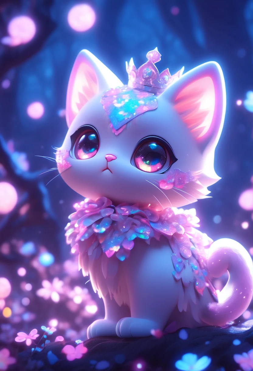 side view, oversaturate, colorfully, Fairytale, dreamlike, Cinematic character render, oil painting, 3D, 8k resolution, sequins, glitter, sakura forest, moonlight, Close up Portrait adorable chibi kawaii anthropomorphic kitten king, Detailed eyes, large round reflective eyes, 