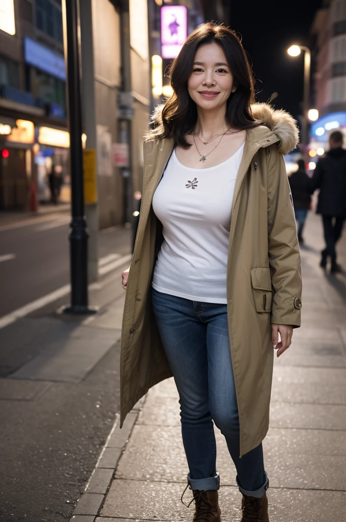 masterpiece, best quality, 16K, city, old woman, happy, smiling, standing, looking at viewer, front view, long hair, wave hair, black hair, eyes open, (large breasts:1.32), (wrinkles corners eyes:1.48), (nasolabial:1.48), (old skin:1.48), pale skin, freckled skin, wrinkles skin, (old muscles:1.2), plump, ((khaki parka)), (white t-shirt), (jeans), piercing, necklace, boots, 50-year-old, old, elderly, japanese, outside, in the city, at night, real person, ultra realistic photo, nsfw, full body shot, front view