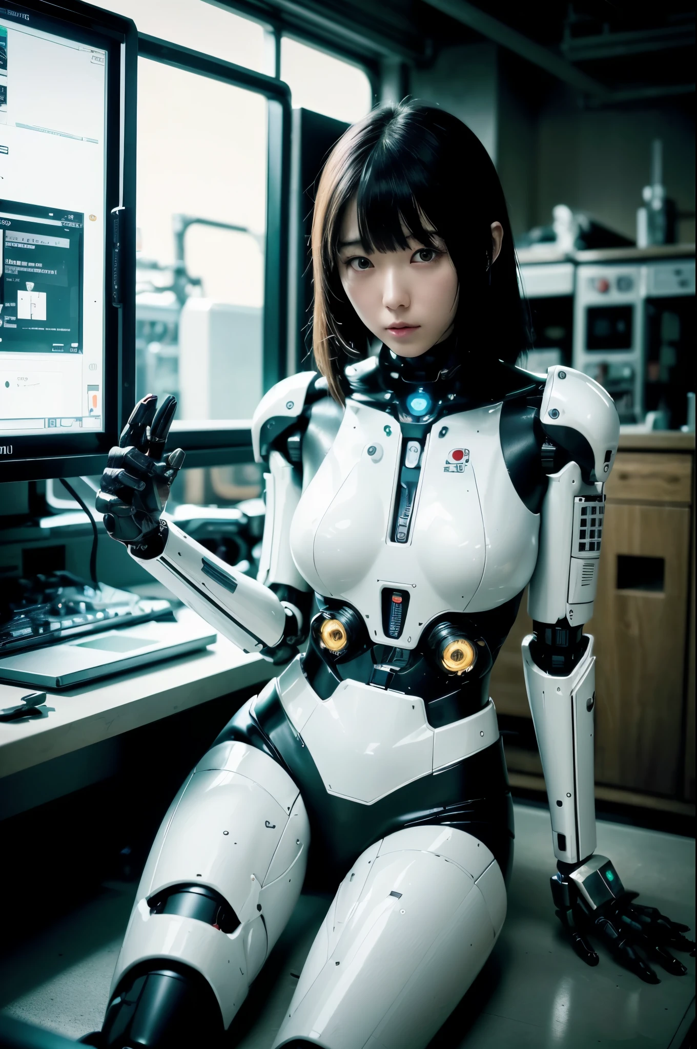 masterpiece, best quality, extremely detailed, Japaese android girl,Plump ,control panels,android,Droid,Mechanical Hand, Robot arms and legs,Blunt bangs,perfect robot girl,long tube,thick cable connected her neck,android,robot,humanoid,cyborg,japanese cyborg girl ,robot-assembly plant,She has assembled now,assembly scene,chest monitor,blue eyes