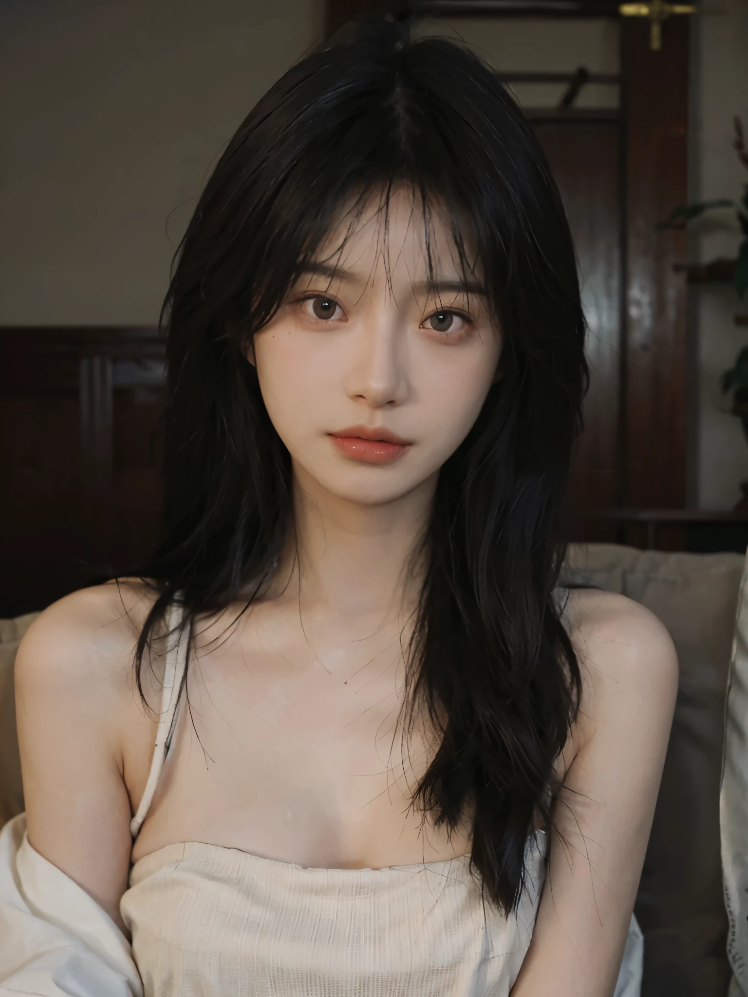 Film portrait photography, 1 girl, bare shoulders, Shoulder length wavy hair, serene, calm, (Realistic and detailed eyes, natural skin texture, Realistic facial details), Soft dramatic lighting, depth of field, Bokeh， Vibrant details, Detailed and detailed, Surrealism, 35mm film, hazy, ,
