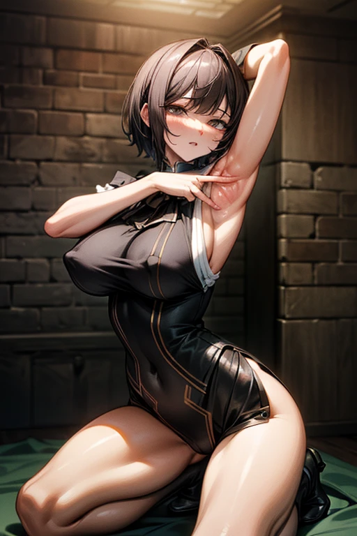 Sexy female BSDM gets down on her knees and hugs an innocent woman&#39;head of、1 female, alone, short hair, sheer slave uniform,(covered nipples:0.95)、huge breasts, huge ass, ((open crotch)), ((kneel down)),((Please show me your armpits)),((background: dark basement)),(masterpiece), (highest quality), (Super detailed), (Detailed CG illustration), ((very delicate and beautiful)),cinematic light,