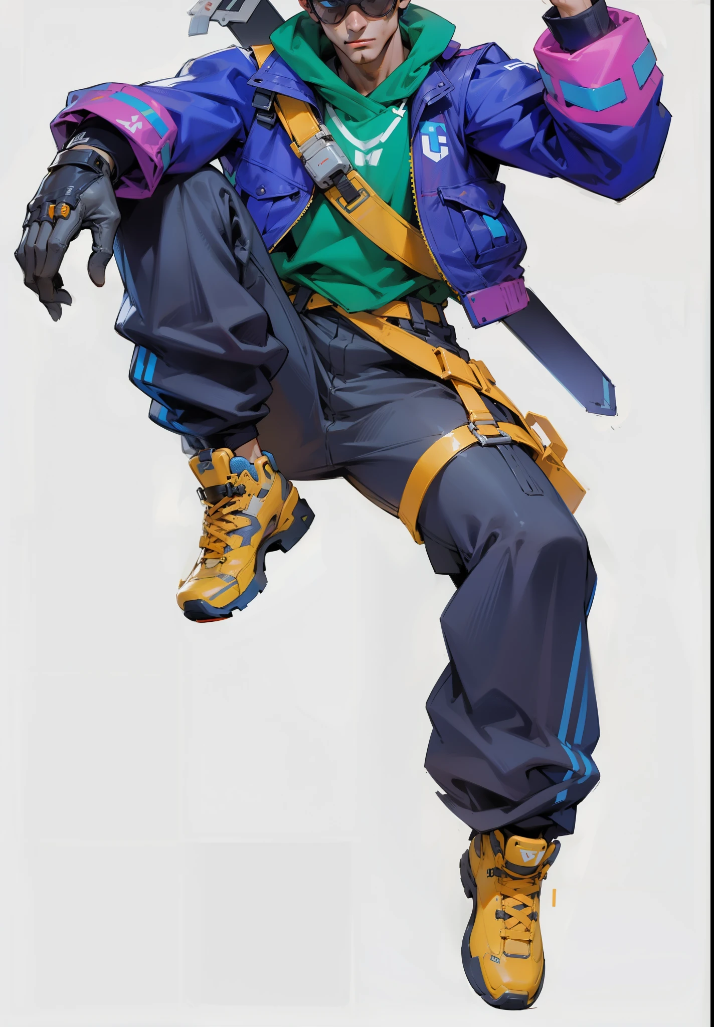 cyberpunk,handsome man,overalls,sports shoes,Raise your hand and draw the sword