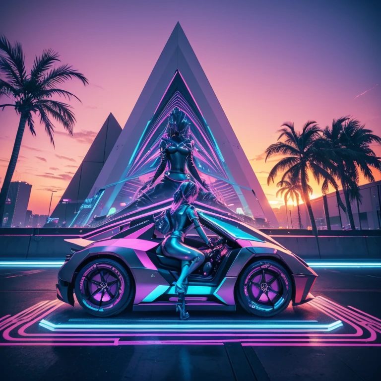 (high quality,4k,8k,highres,masterpiece:1.2),(vibrant,vivid) colors,(retro,synthetic,80s),(futuristic,neon-lit) cityscape,glowing palm trees,3D-rendered statues (of goddesses,futuristic characters),(magical,ethereal) sunset sky,reflective surface,retro arcade machines,retrowave music playing in the background,glitch effects,Japanese characters (kanji,katakana),cassette tapes, 3D-rendered busts of famous artists, cyberpunk fashion, metallic textures, floating 3D objects, futuristic vehicles, pastel gradients, prism glares, (nostalgic,memorable) 80s movies-inspired scenes, (dreamy,abstract) artwork, digital effects, (geometric patterns,pixel art), (lo-fi vibes,sunset vibes),(faded,vintage) aesthetic (with a modern twist:1.1), classic statues with a neon glow, (aesthetic,retro) typography.
