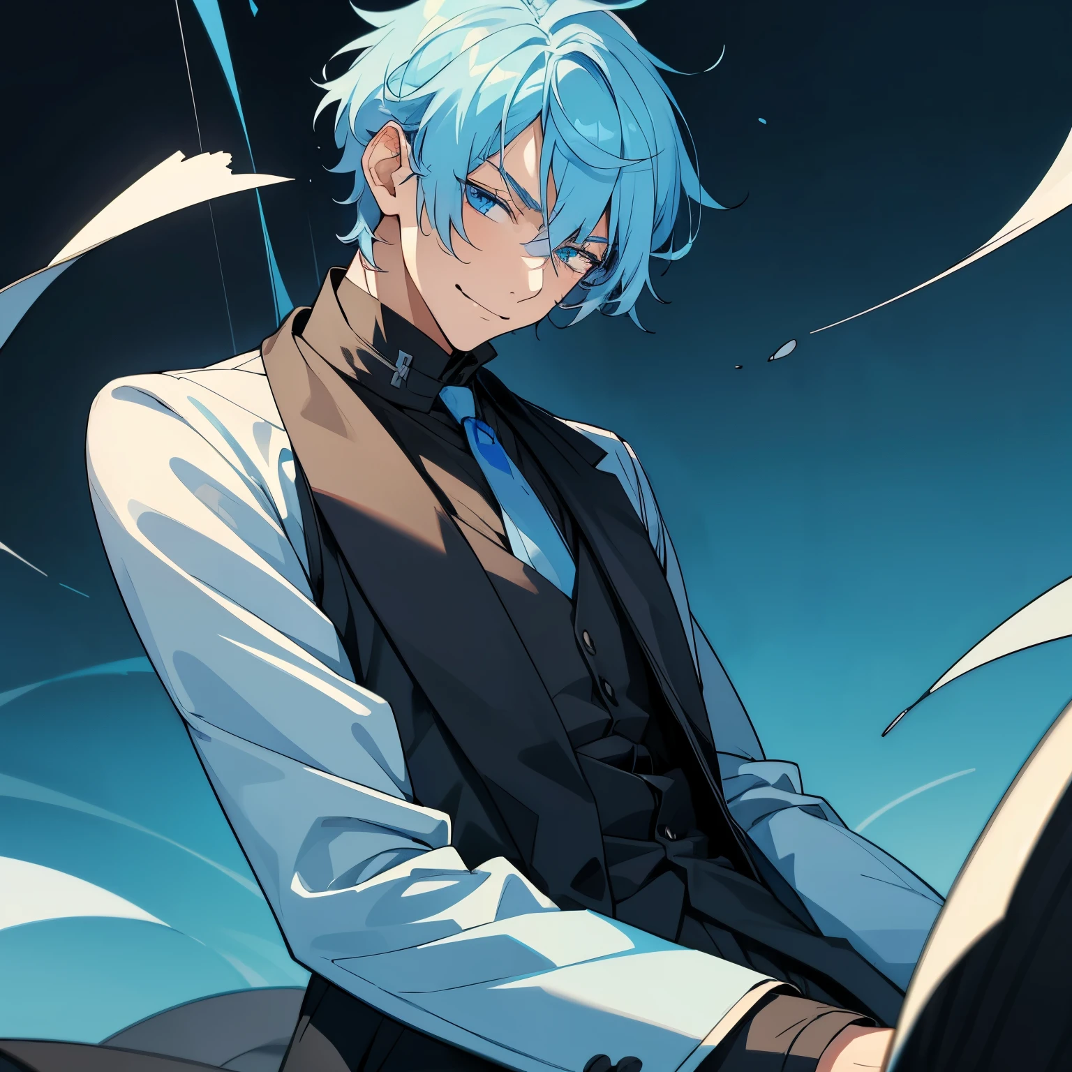 1 boy, light blue hair, blue eyes, black noble cloth, calm face, handsome male guy, masculine, old boy, grown man, 28 years old, bored face, man, big male, villain, psychopath smile, short hair, missy hair 