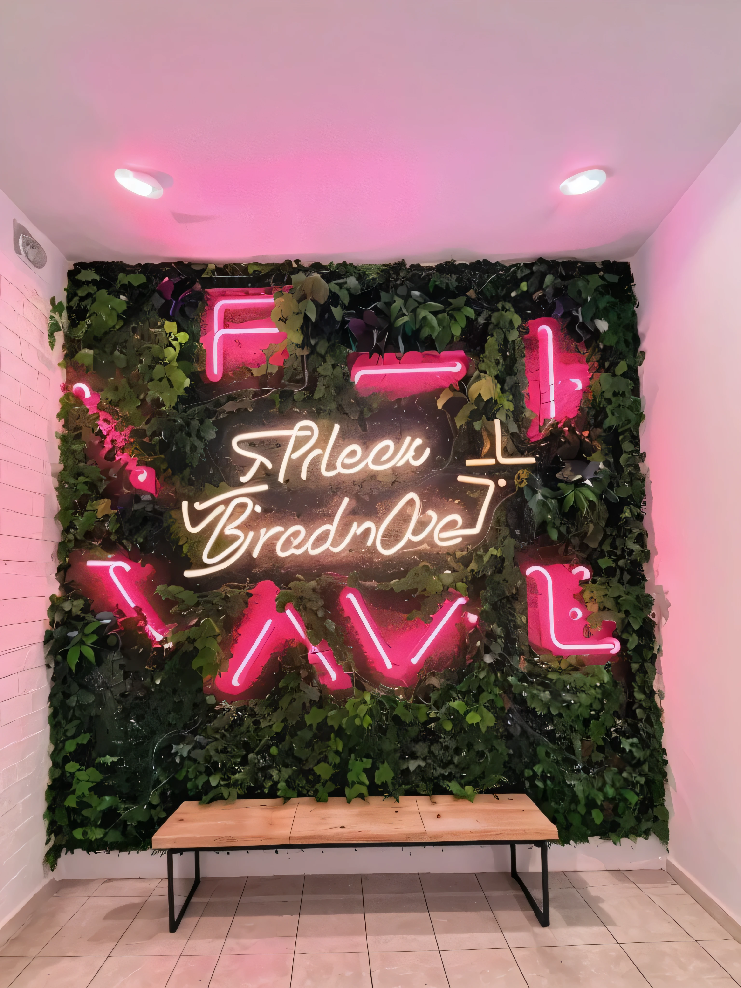 Close-up of wall with signage and bench, There are neon signs, This wall is a green wall