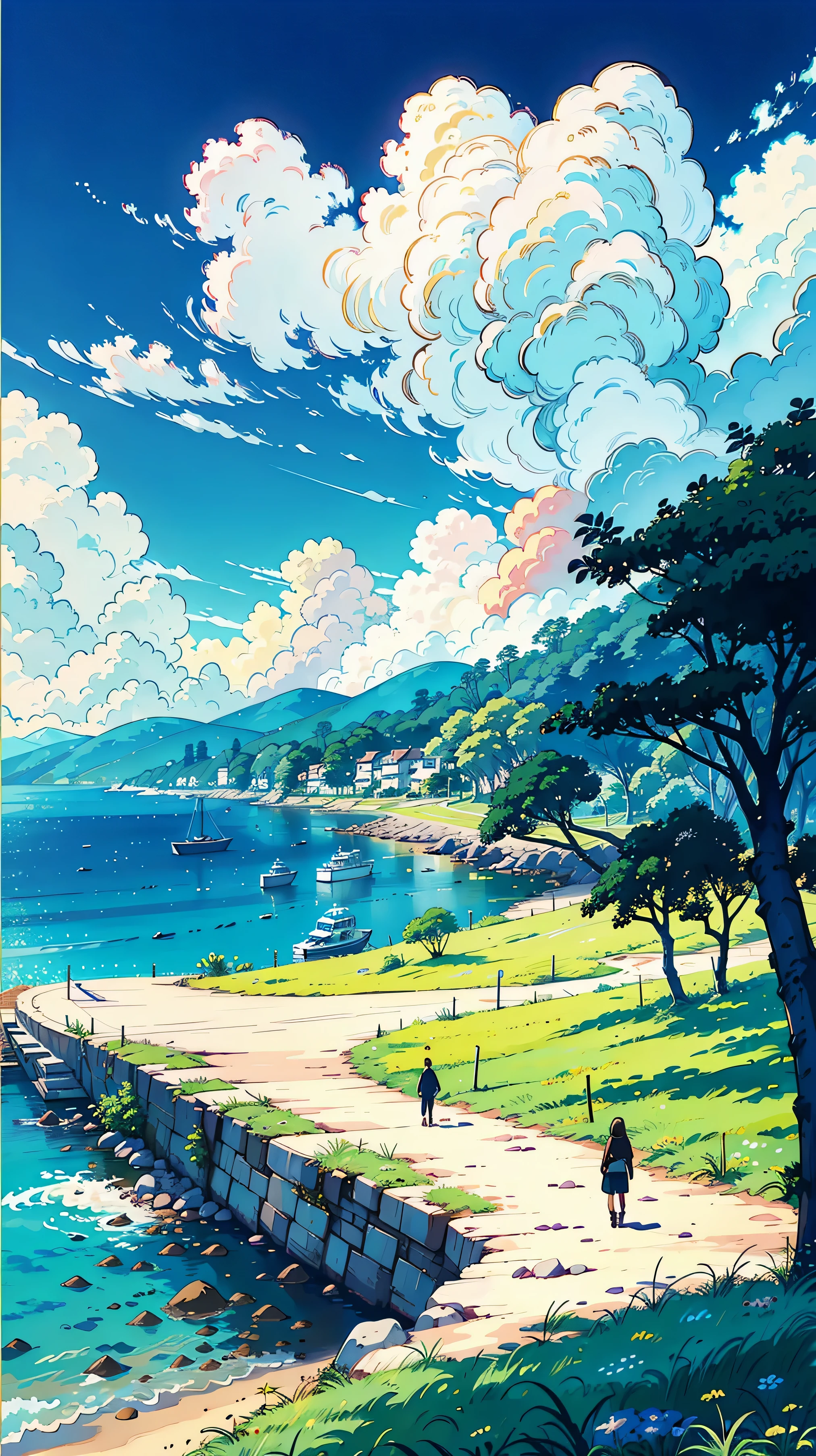 very detail image g, small village harbor, a distance sailing boat, breeze winds, beautiful puffy clouds, peaceful summer, incredibly beautiful anime landscape, calm morning, distance forest hills, distance sea cliff, coconut trees, beautiful anime landscape, view from above, anime movie background, high quality wallpaper,no people there ,calm nature ,landscape wallpaper. Softer color composition ,digital art ,ultra detailing ,HD wallpaper images 