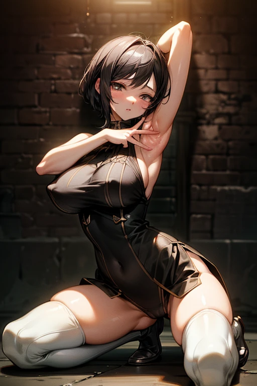Sexy female BSDM gets down on her knees and hugs an innocent woman'head of、1 female, alone, short hair, {(sheer slave uniform1.2),(covered nipples:0.95)、huge breasts, huge ass}, ((open crotch)), ((kneel down)),((Please show me your armpits)),((background: dark basement)),(masterpiece), (highest quality), (Super detailed), (Detailed CG illustration), ((very delicate and beautiful)),cinematic light,