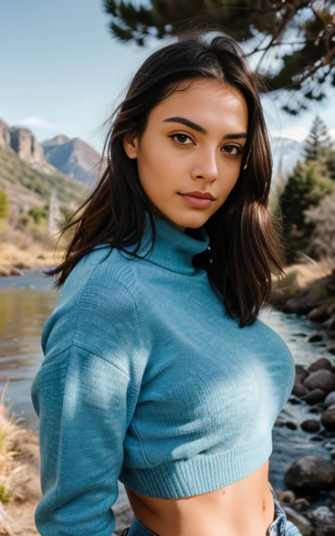 fotorrealista, Mejor calidad, ultra-detallado, mujer hermosa, cara lateral,sombra trasera,Fotos de selfies, Parte superior del cuerpo, solamente, Usar un sweater, afuera, (Noche), mountain, La naturaleza en la vida real, estrellas, luna, (grandes tetas feliz, happiness), Saco de dormir, Mitones, sweater, , antorcha, Bosque, Rocas, river, Beber, fumar, niebla densa, Cielo limpio, analog style, Ver el visor, textura de la piel, film grain, gran plan, ultra high resolution, mejor sombra, primitivo, LUT de Instagram