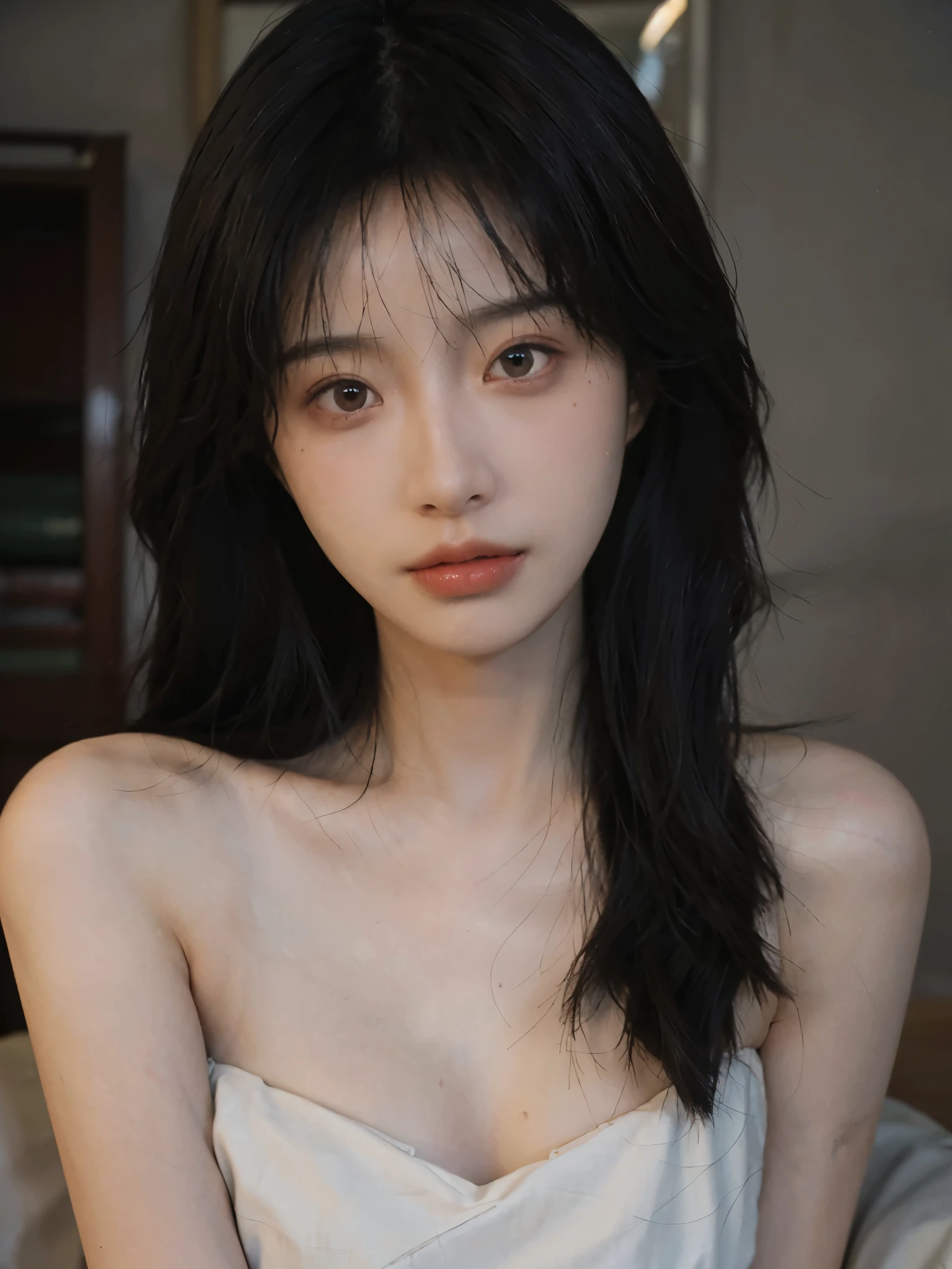 Film portrait photography, 1 girl, bare shoulders, Shoulder length wavy hair, serene, calm, (Realistic and detailed eyes, natural skin texture, Realistic facial details), Soft dramatic lighting, depth of field, Bokeh, Vibrant details, Detailed and detailed, Surrealism, 35mm film, hazy, ,