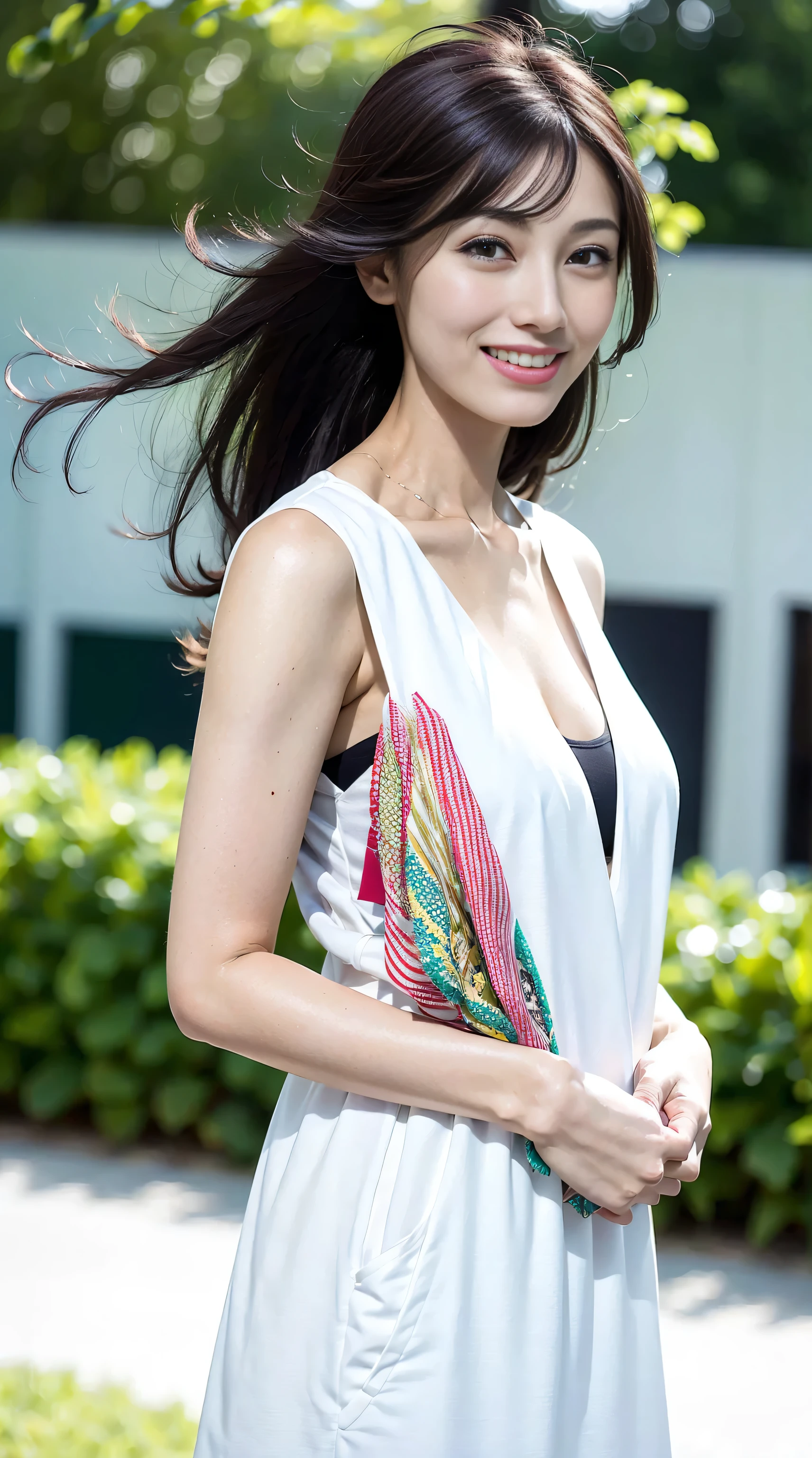 look at this and smile、Under the blue sky in midsummer、White casual clothes、best quality、Masterpiece、real picture、intricate details、original photo、super detailed、delicate face、delicate skin、8K masterpiece、( (1 girl))、((alone) ))、18 years old、Trend of CGsociety、((long black hair))、((beautiful woman))、(a smile)、Top Teeth、fashionable、hair blowing in the wind、((flowing hair))、fashion magazine、((a sexy))、((like the same light)、((indirect lighting)、、(gender)、grinning、(looking from a distance)