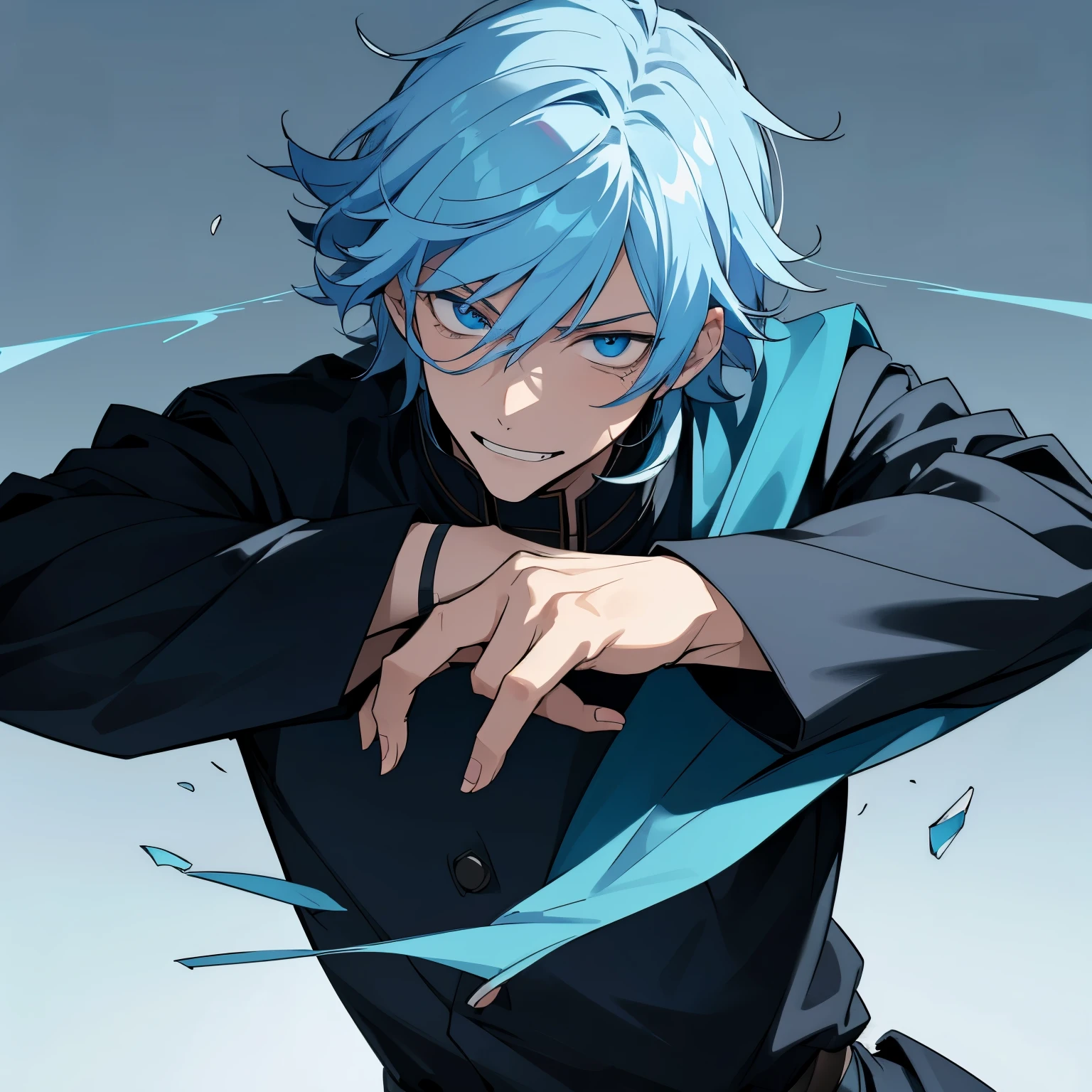 1 boy, light blue hair, blue eyes, black noble cloth, calm face, handsome male guy, masculine, old boy, grown man, 28 years old, bored face, man, big male, villain, psychopath smile, long and short hair, missy hair