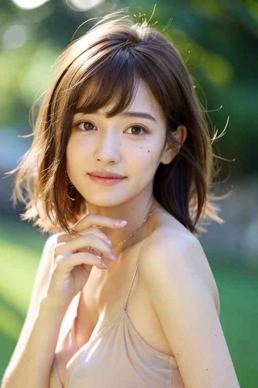 (RAW photo, highest quality), naked, Sheer Dress, tight waist、necklace, 、very delicate and beautiful, soft light, (brown hair, short hair swaying in the wind, bangs), beautiful detailed girl, (finger details), highly detailed eyes and face, beautifully detailed nose, beautiful and detailed eyes, 1 girl, Japanese, Neat beauty, cute, young, smile, , (medium breasts), realistic face, realistic body, naked, The hair on the skin shines、rough skin、mole on face and chest、dress swaying in the wind、stare at the camera、tight waist、garden、Bokeh 、Waist height