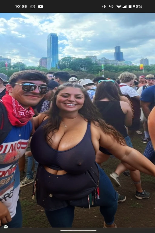 there are two people that are standing together at a festival, festival vibes, dancing in the background, music festival, a person at a music festival, very silly looking, both smiling for the camera, wearing a low cut tanktop, kaitlyn michelle siragusa, with red haze and a massive grin, looking off to the side, proud looking, profile pic, Big tits, huge tits, no clothes, sexy, cute, wide hips, thick thighs, pear-shaped body, minimal clothes, thick, bbw, chubby stomach, thick nipples, nipple piercings, large areola, hard nipples, piercing through shirt, nipples hard through shirt, busty, major cleavage, naked, ripping through top, spilling over sides, bra too tight, giant tits