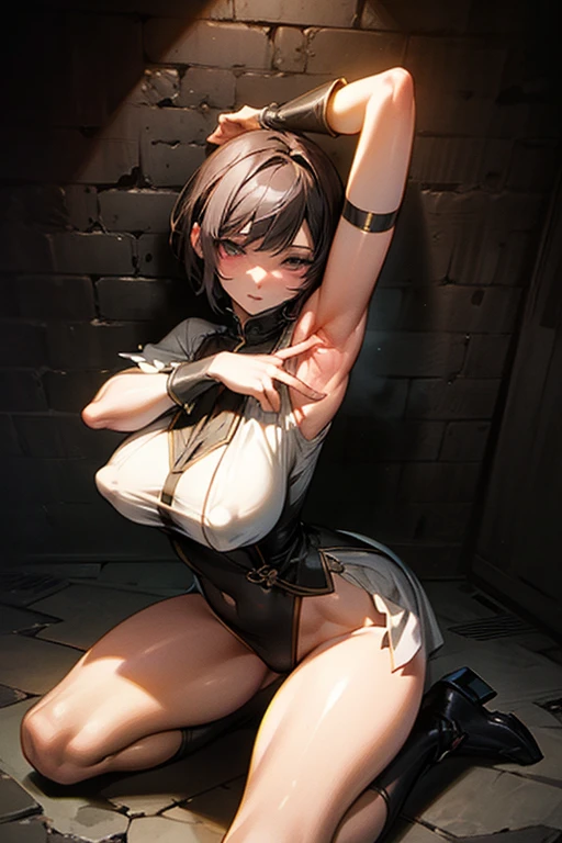 Sexy female BSDM gets down on her knees and hugs an innocent woman'head of、1 female, alone, short hair, {(sheer slave uniform1.2),(covered nipples:1.2)、huge breasts, huge ass}, ((open crotch)), ((kneel down)),((Please show me your armpits)),((background: dark basement)),(masterpiece), (highest quality), (Super detailed), (Detailed CG illustration), ((very delicate and beautiful)),cinematic light,
