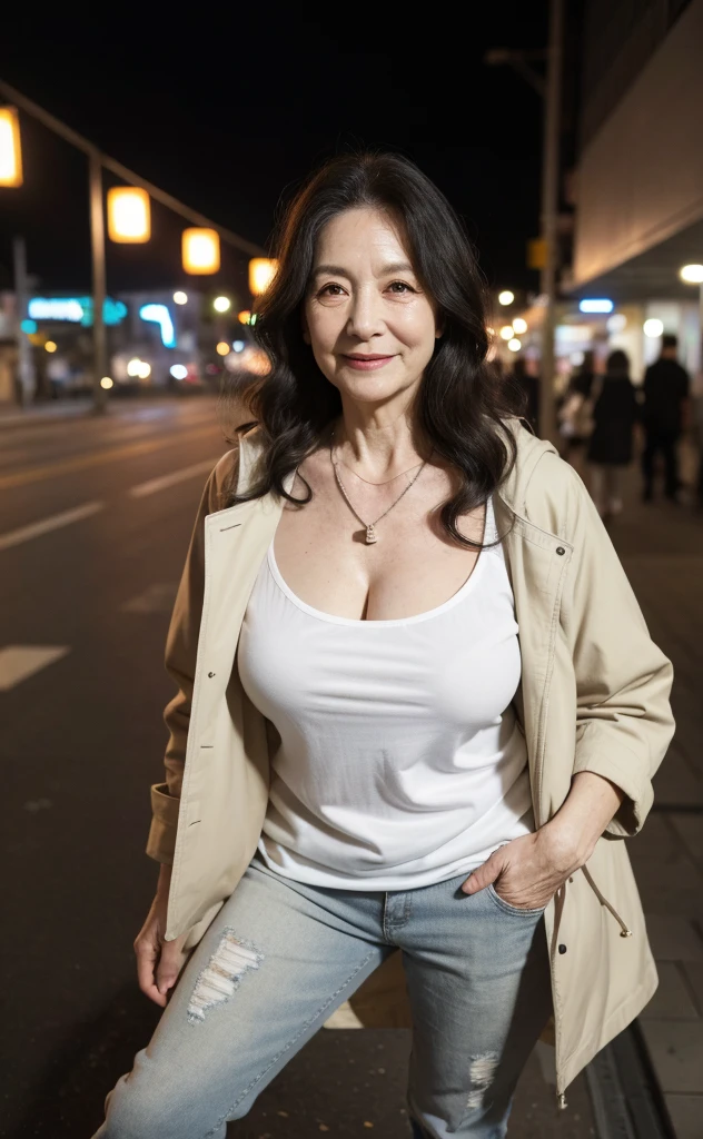 masterpiece, best quality, 16K, city, old woman, happy, smiling, standing, looking at viewer, front view, long hair, wave hair, black hair, eyes open, (large breasts:1.32), (wrinkles corners eyes:1.48), (nasolabial:1.48), (old skin:1.48), pale skin, freckled skin, wrinkles skin, (old muscles:1.2), plump, ((khaki parka)), (white t-shirt), (jeans), piercing, necklace, boots, 50-year-old, old, elderly, japanese, outside, in the city, at night, real person, ultra realistic photo, nsfw, full body shot, front view