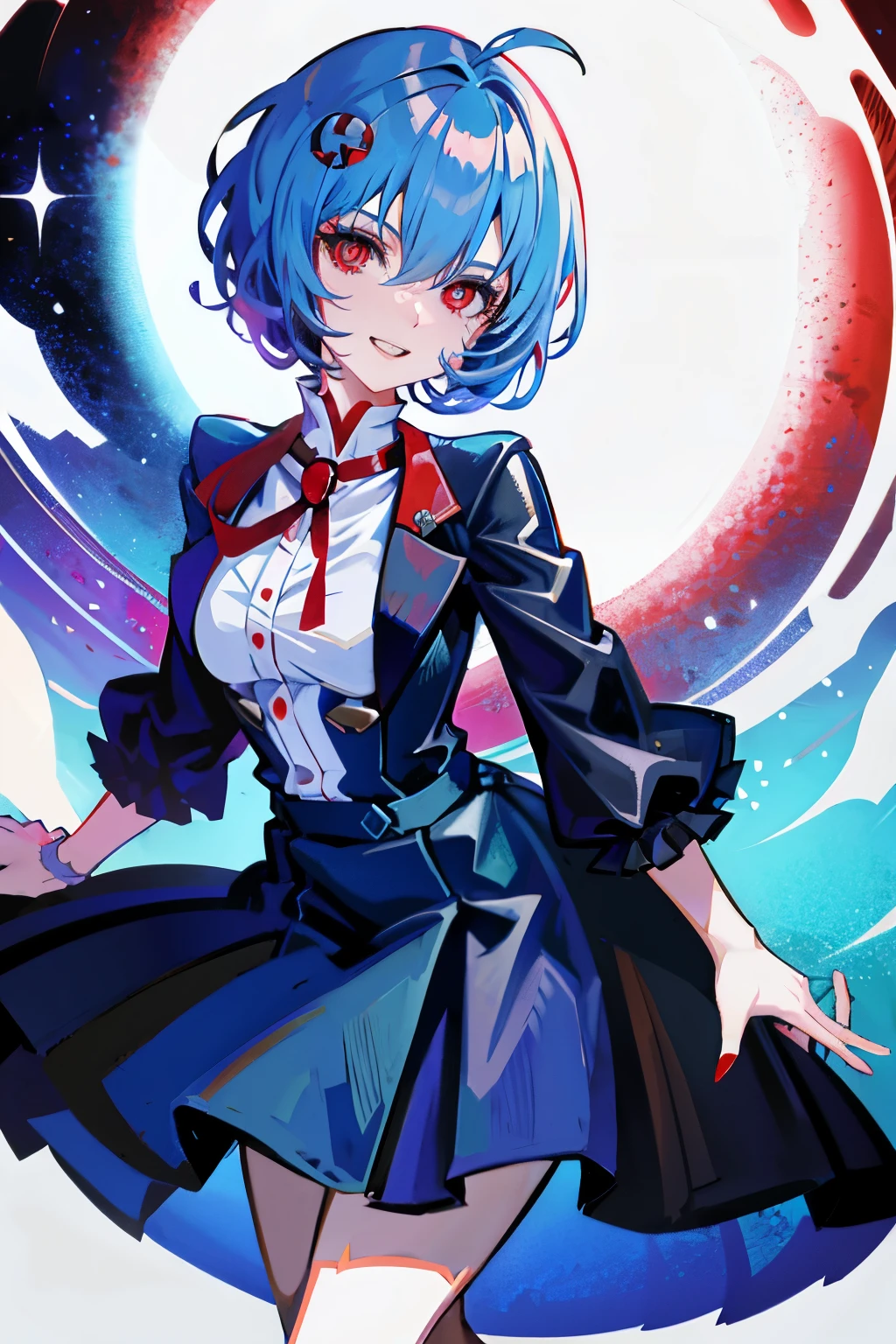 Anime girl with short blue hair, Big red eyes, Evil laughter
