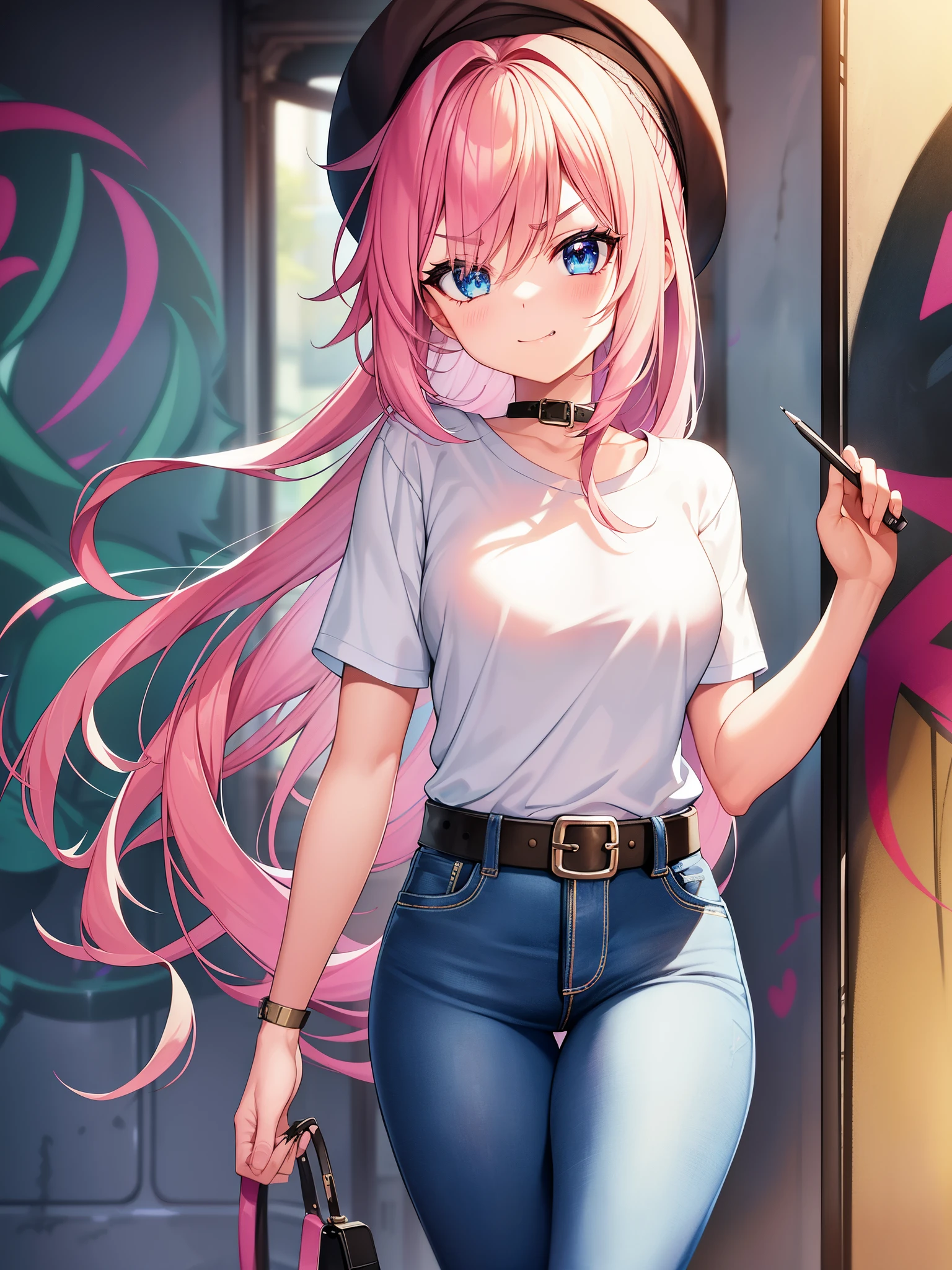 original character、volume lighting、best shadow、shallow depth of field、Stunning Girl Portrait、delicately beautiful face、pink hair、charming blue eyes、dirty painted face、sharp eyebrows、bright smile、open your mouth、exposing fangs、cute medium chest、Layered Long Ponytail Blonde、Blushing eyeshadow、thick eyelashes、Applejack Hat、oversized pop jacket、Mini Underbob T-Shirt、Crop Button、slim waist、jeans、with buckle belt、In the graffiti alley、machine、classroom、holding a pencil、Are standing、(highest quality、great details:1.25)、(solo:1.3)、Brilliant and colorful paintings