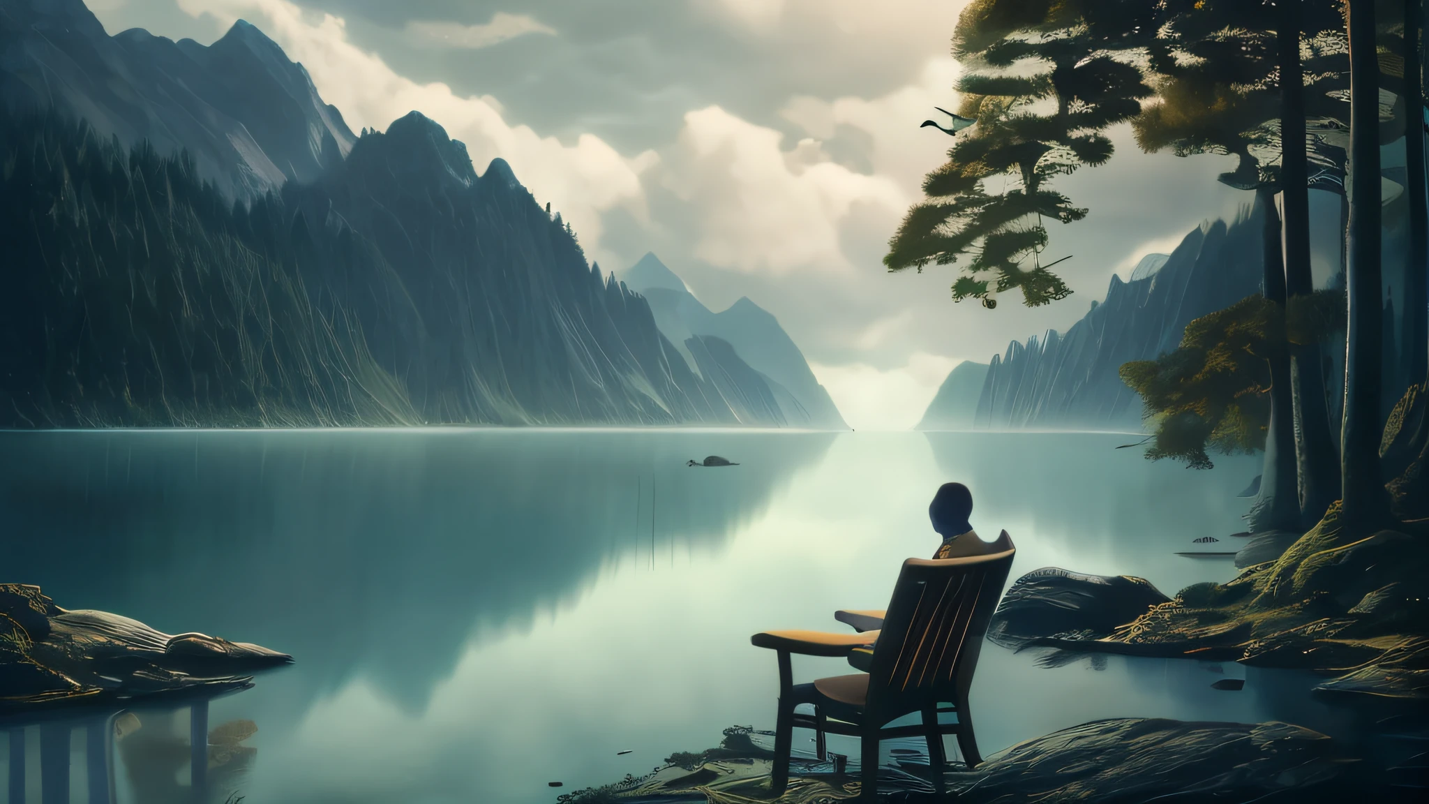 There is a photo of a chair sitting in front of a lake.., relaxing concept art, matte digital painting, dreamlike digital painting, surreal 3 d render, Dreamy Matte Painting, in the atmosphere. digital painting, 4k hd matte digital painting, Works inspired by Matthijs Naive, surreal matte painting, inspired by Darek Zabrocki, relaxing environment, Surreal concept art