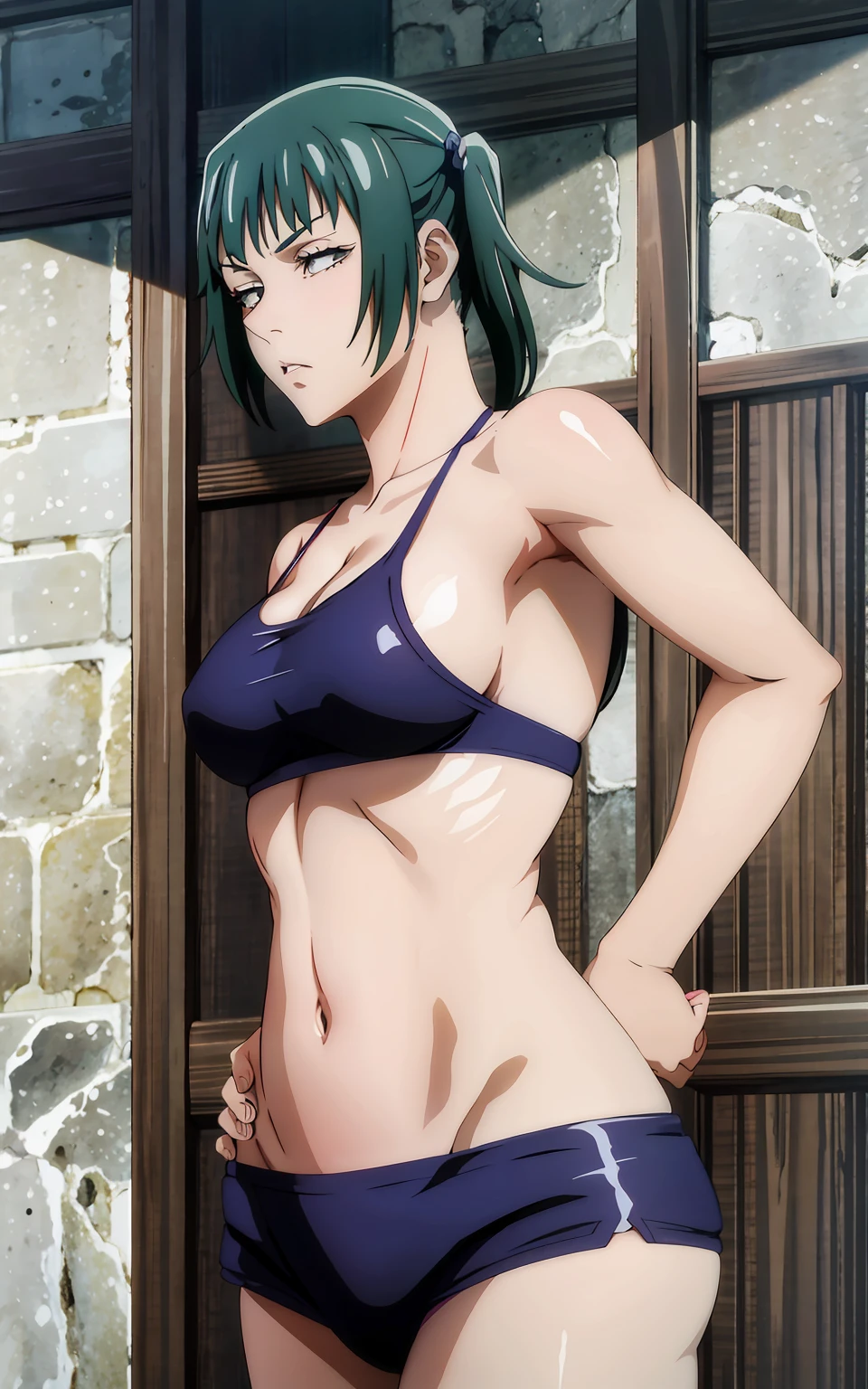 Maki Zenin, ?????? ,green hair, big , arm's wide open,curved waist,Ser, curved, cabello verde oscuro, bien proporcionado,musculosa,grandes muslos,pecho mediano.