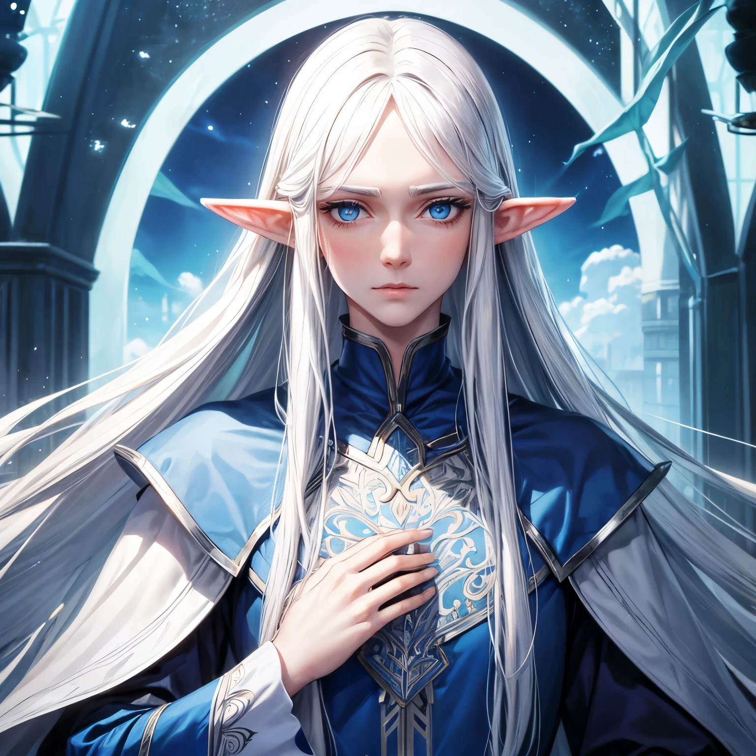 A tall man, elf, white long hair, Direct, Beautiful face, Blue eyes, Sad look, thin lips, белая одежда elfов