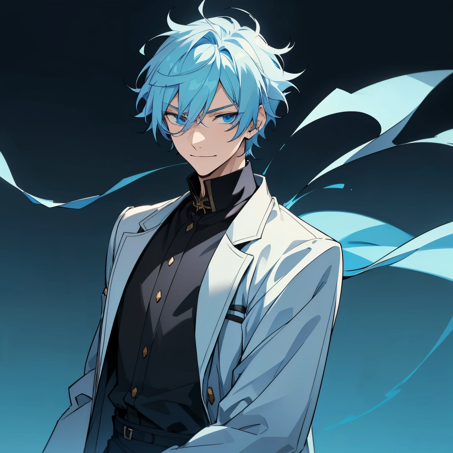 1 boy, light blue hair, blue eyes, black noble cloth, calm face, handsome male guy, masculine, old boy, grown man, 28 years old, bored face, man, big male, villain, psychopath smile, short hair, missy hair 