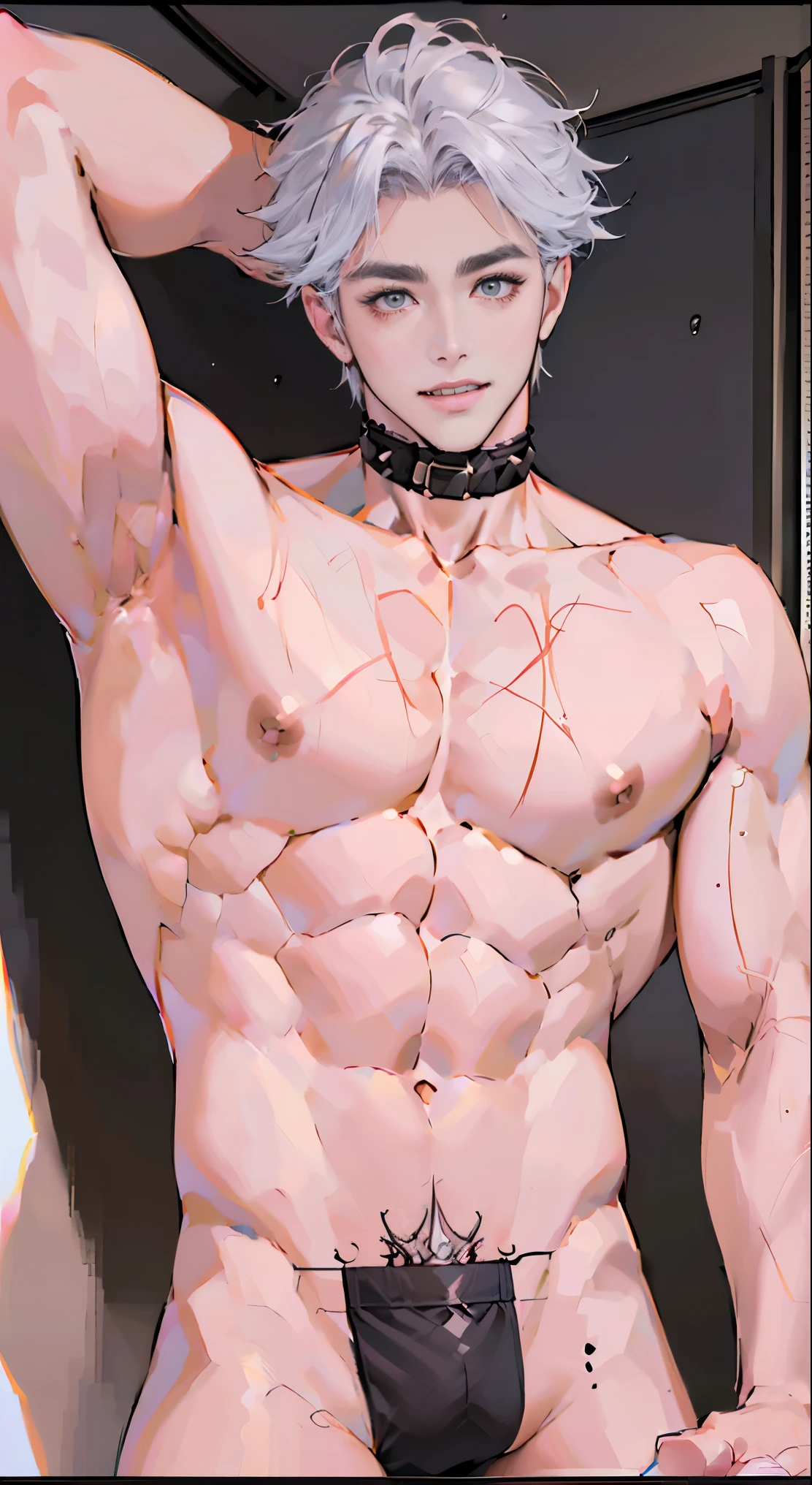 Male love model photos, sports, 22 years old, tilt, beefy,  short hair,  sharp focus, digital SLR, super quality,8k ultra high definition, high detail, Super real photos,  , ((Realistic skin), ((pores)), ((high detail皮肤)), Volumetric light, groin, (absurd, a high resolution, Ultra detailed, High Density Imaging Review), The man is topless，masterpiece, best quality, Detailed face，Extremely handsome, short hair, Delicate eyes and meticulous, Light smile, whole body, White and gray hair color,Topless, （anatomically correct），Have the perfect figure，Huge bulge，abdominal muscles，chest muscles， [ A well-defined body ]，