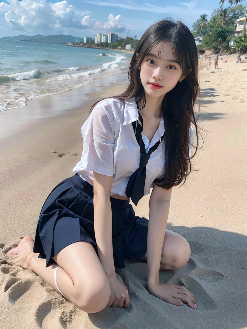 Thai girl has the most beautiful face and figure in the universe. It's like something out of Thai literature. Very charming, white and pink skin, wearing a Thai school uniform, white shirt, blue skirt. not wearing shoes Lying on the sand at the sea beach. In the background, Bang Saen beach. in Chonburi Province in the afternoon