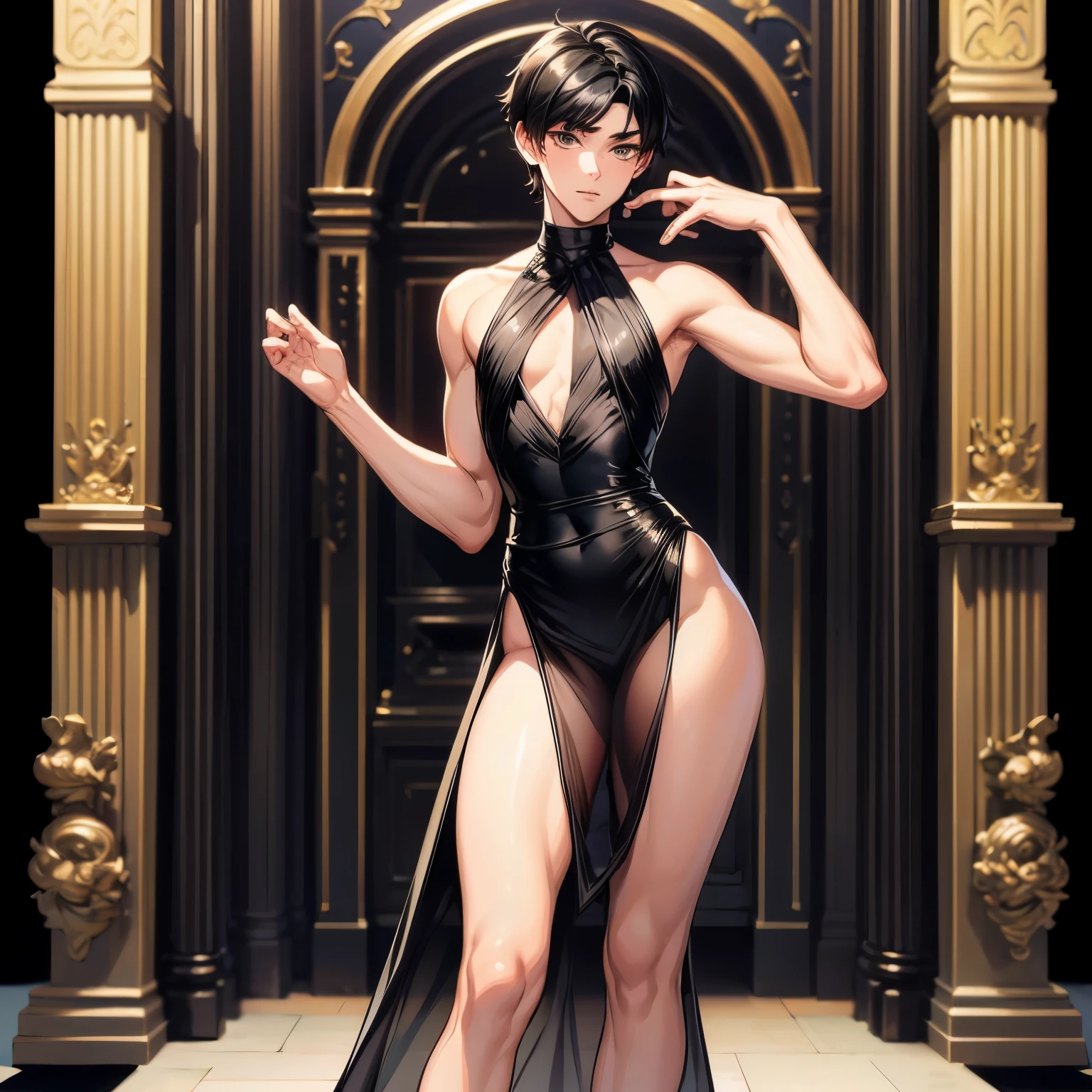 ((masterpiece:1.2, best quality)), ultra detailed, Ultra-precise depiction, 1 boy, short black hair, flat chest,  skinny body, curvy figure, transparent dress, femboy 