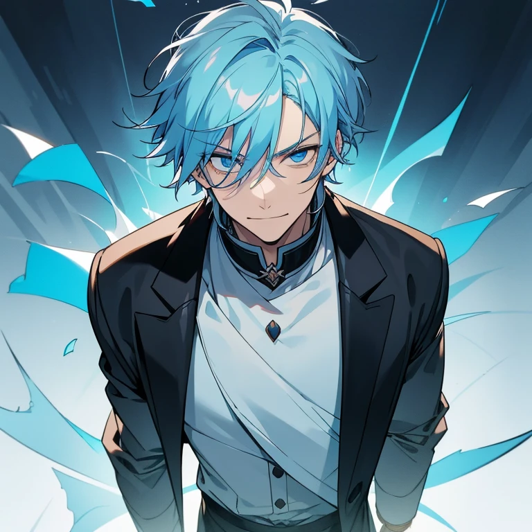 1 boy, light blue hair, blue eyes, black noble cloth, calm face, handsome male guy, masculine, old boy, grown man, 28 years old, bored face, man, big male, villain, psychopath smile, short hair, missy hair 