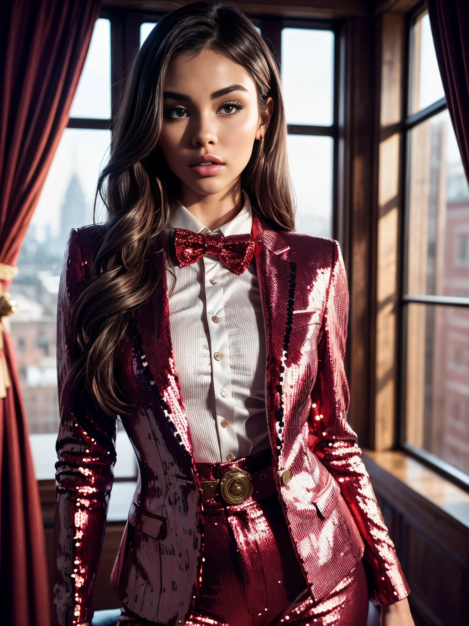 gorgeous woman (Madison Beer) with long wavy brown hair (wearing a red sequin tuxedo suit:1.15), ((white bowtie:1.14)), gorgeous eyes, slim body, seductive, sexy, perfect make-up, cinematic, realistic, high contrast, visually rich, photogenic, flirty, HDR, UHD, dynamic pose,