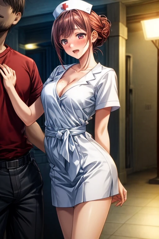 masterpiece,game cg,best quality,ultra-detailed,detailed light,slim body,slim legs,collarbones,slender body shape,detailed eyes,slender,kawaii,cute girl,medium breasts,1girl,sex,hetero,cleavage,1boy,medium breasts,open mouth,sex from behind,blush,standing,(standing sex:1.3),grab your hips,arm grab,white nurse clothes,nurse,half updo,(moaning:1.2),