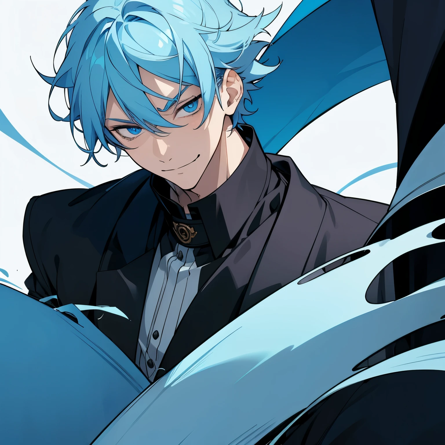 1 boy, light blue hair, blue eyes, black noble cloth, calm face, handsome male guy, masculine, old boy, grown man, 28 years old, bored face, man, big male, villain, psychopath smile, short hair, missy hair