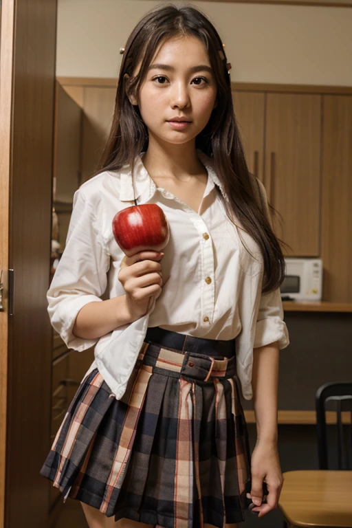 holding an apple and a kokeshi doll、I wore a 2cm skirt、high school girl