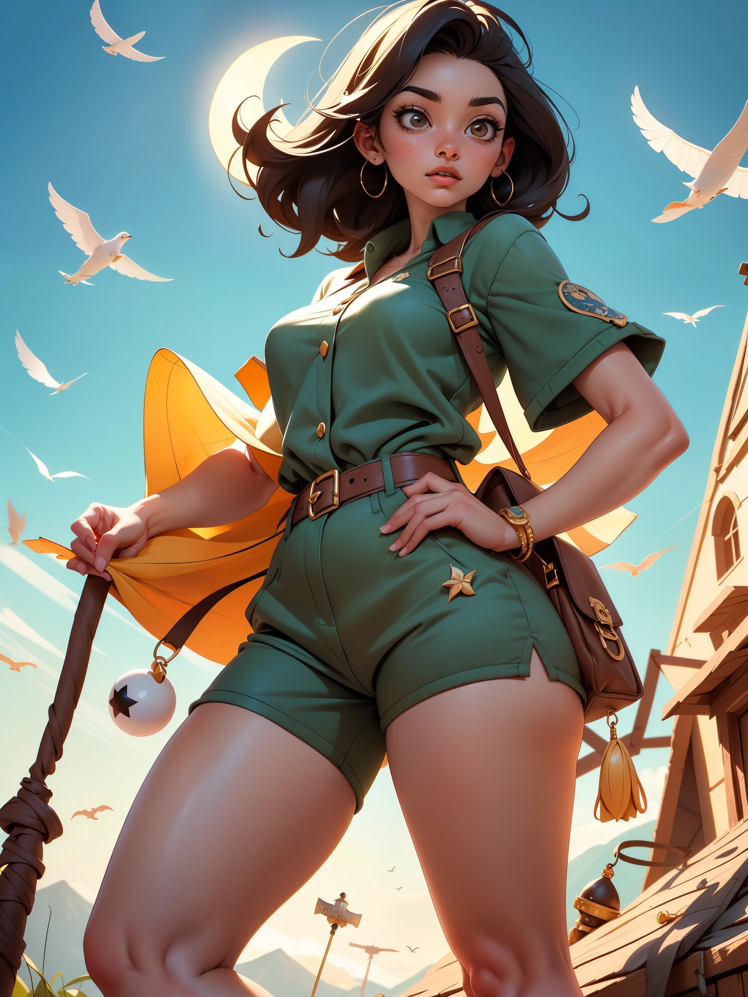 (obra maestra, La mejor calidad, Altas Resoluciones:1.2), detallado, Detalles intrincados, 4k, 1girl, (solamente:1.2), Jasmine, Cabello largo, senos, cabello ?????, ombligo, escote, hombros desnudos, brown eyes, jewely, pendientes, diafragma, dark skin, cuello, fuera del hombro, Borrosa, hembra de piel oscura, Recortar arriba, Camisa azul, Camisa sin hombros, arabian clothes, Mirando al espectador al aire libre,, Princess Jasmine flying on the magic carpet, (volar:1.5) la ciudad de Bagdad se extiende debajo de ellos puesta del sol, Hora dorada, volar, flotante:1.3, above clouds, Scenery