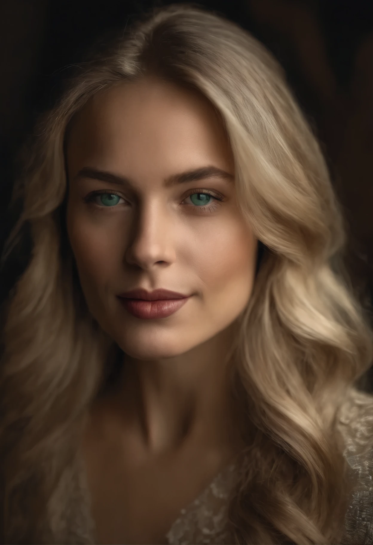 Slender Venetian blonde with a fine face, a small nose, fine almond-shaped green eyes and full lips.