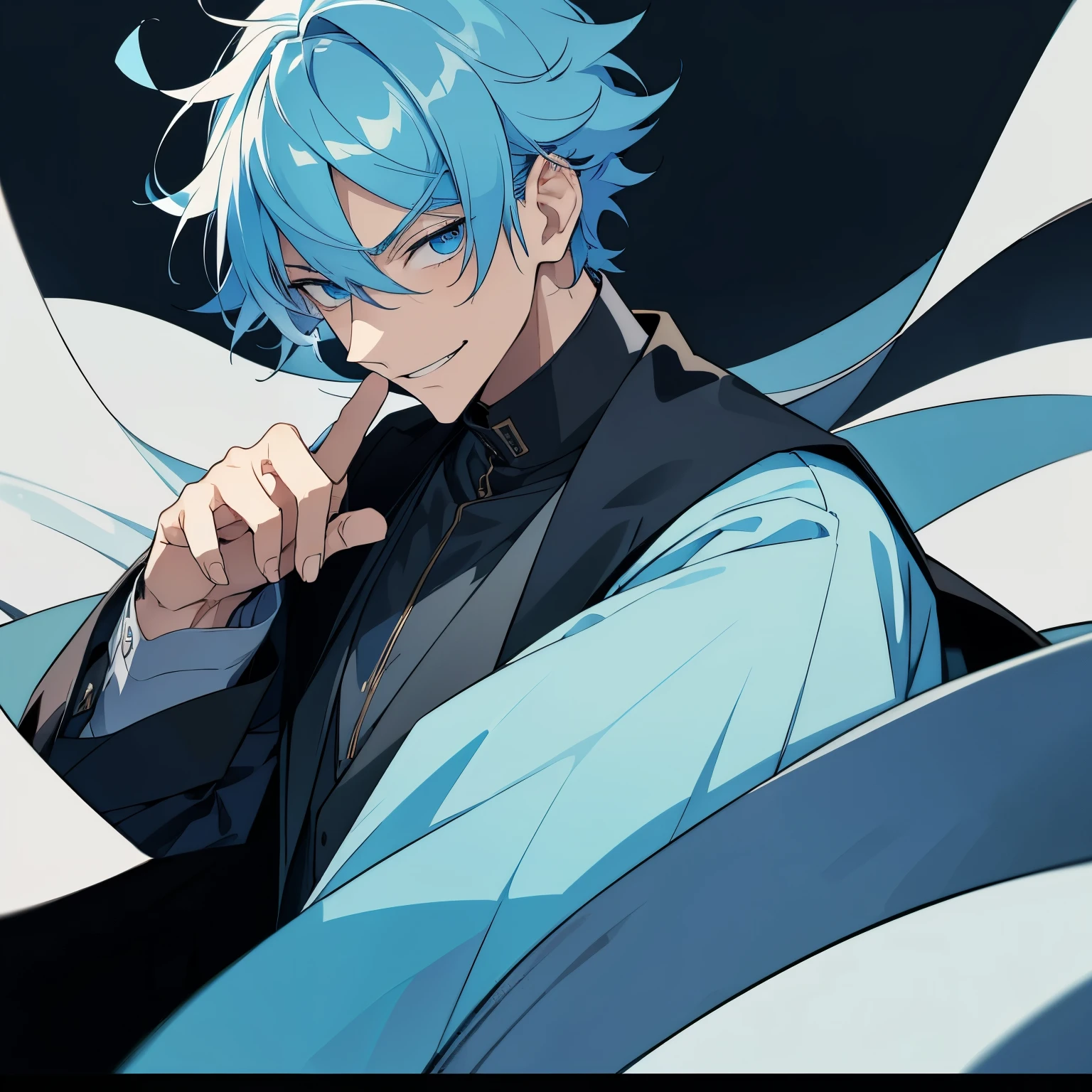 1 boy, light blue hair, blue eyes, black noble cloth, calm face, handsome male guy, masculine, old boy, grown man, 28 years old, bored face, man, big male, villain, psychopath smile, short hair, missy hair 