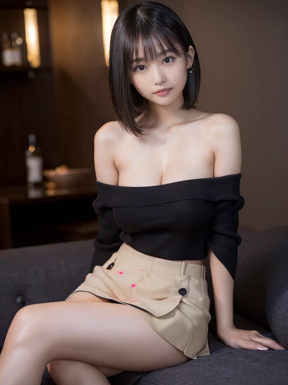 ((Dark interior with conspicuous neon lights、No window、Alcohol is displayed、dark room:1))(Photoreal)、(Super high realism)、(ultra high resolution)、(Ultra high definition)((cute smile)) (14 year old girl、super cute face, natural makeup)(fair skin、beautiful skin、Extremely realistic texture)(sparkling eyes、realistic eyes)(brown hair、thin hair、moist and tidy hair、shiny beautiful hair、short bob、hair behind ears、extremely detailed hair)((Long piercings))beautiful breasts、beautiful cleavage、thin waist、constriction、big ass(knit off shoulder、Short length、Very short Burberry check mini skirt)((Neon tubes on the background))bar counter、sitting on the sofa、raise your legs(Erotic and captivating gravure pose))((Full body shot showing ankles))