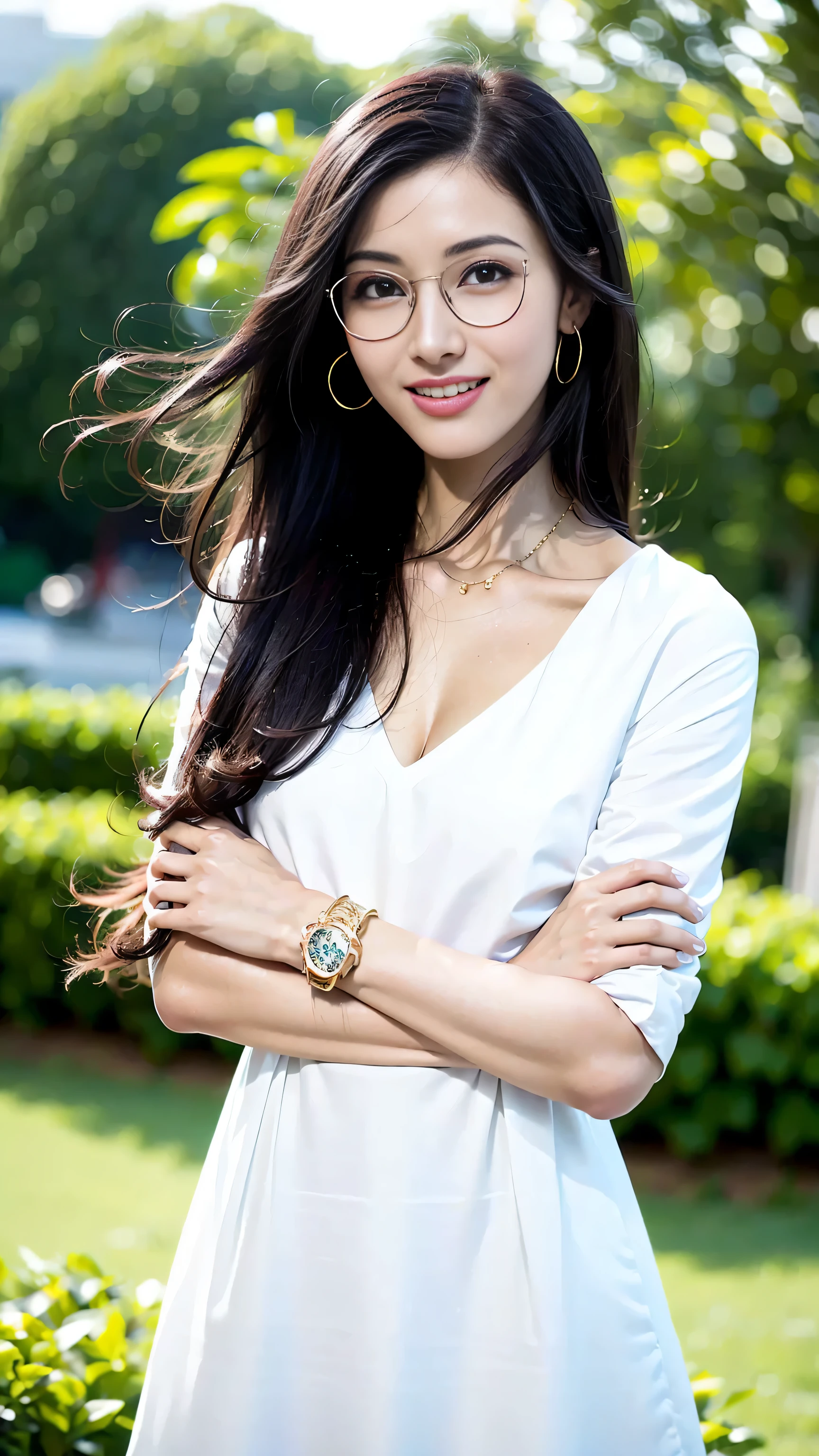 look at this and smile、Under the blue sky in midsummer、White casual clothes、best quality、​Masterpiece、real picture、intricate details、original photo、super detailed、delicate face、delicate skin、8K masterpiece、((1 girl))、((alone))、18 years old、((gold-wire glasses))、Trend of CGsociety、((long black hair))、((beautiful woman))、(a smile)、Top Teeth、fashionable、hair blowing in the wind、((flowing hair))、fashion magazine、((a sexy))、((like the same light)、((indirect lighting)、、(gender)、grinning、(looking from a distance)