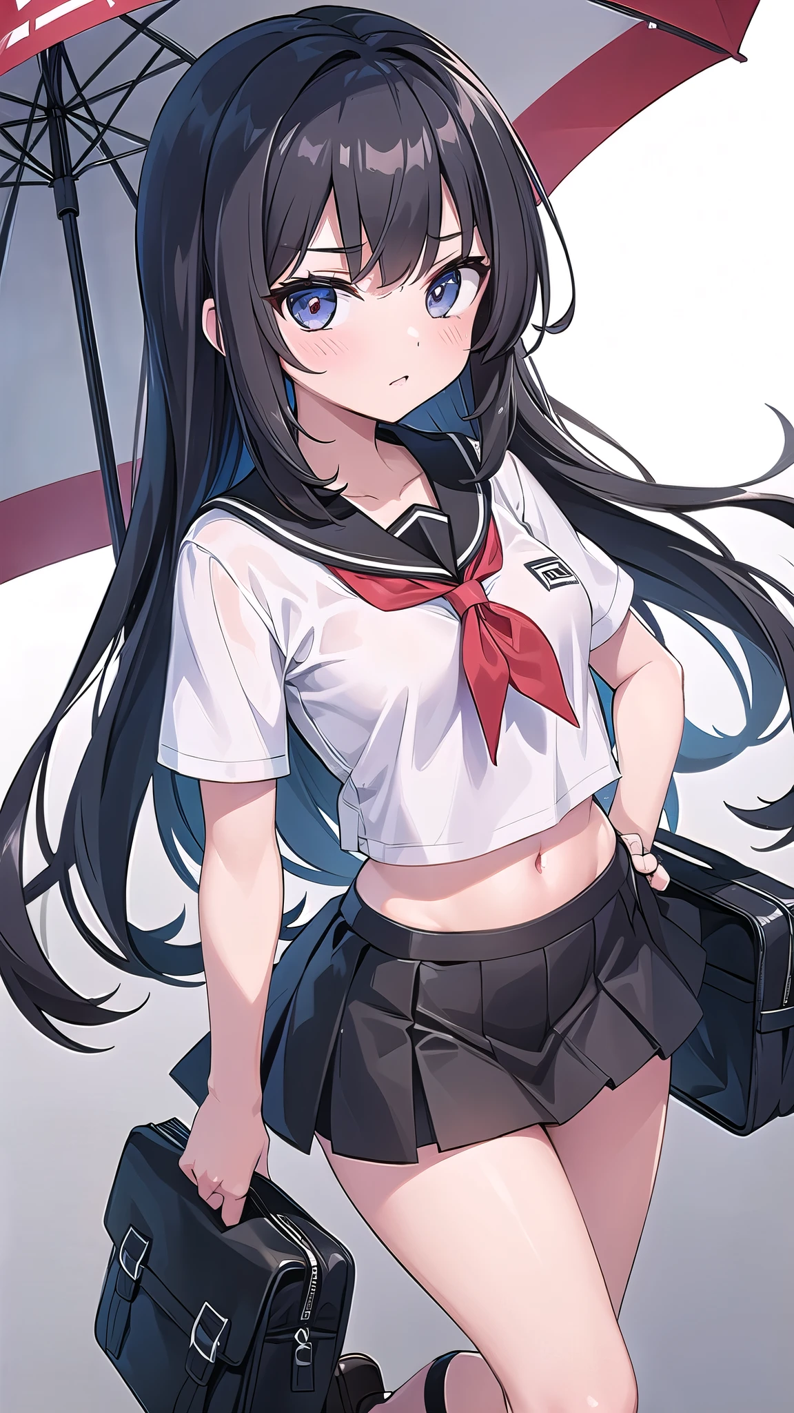 1 girl, game CG, black shirt, short skirt, medium chest, black hair, long hair, black eye, white background, whole body , after that , Are standing, dynamic,