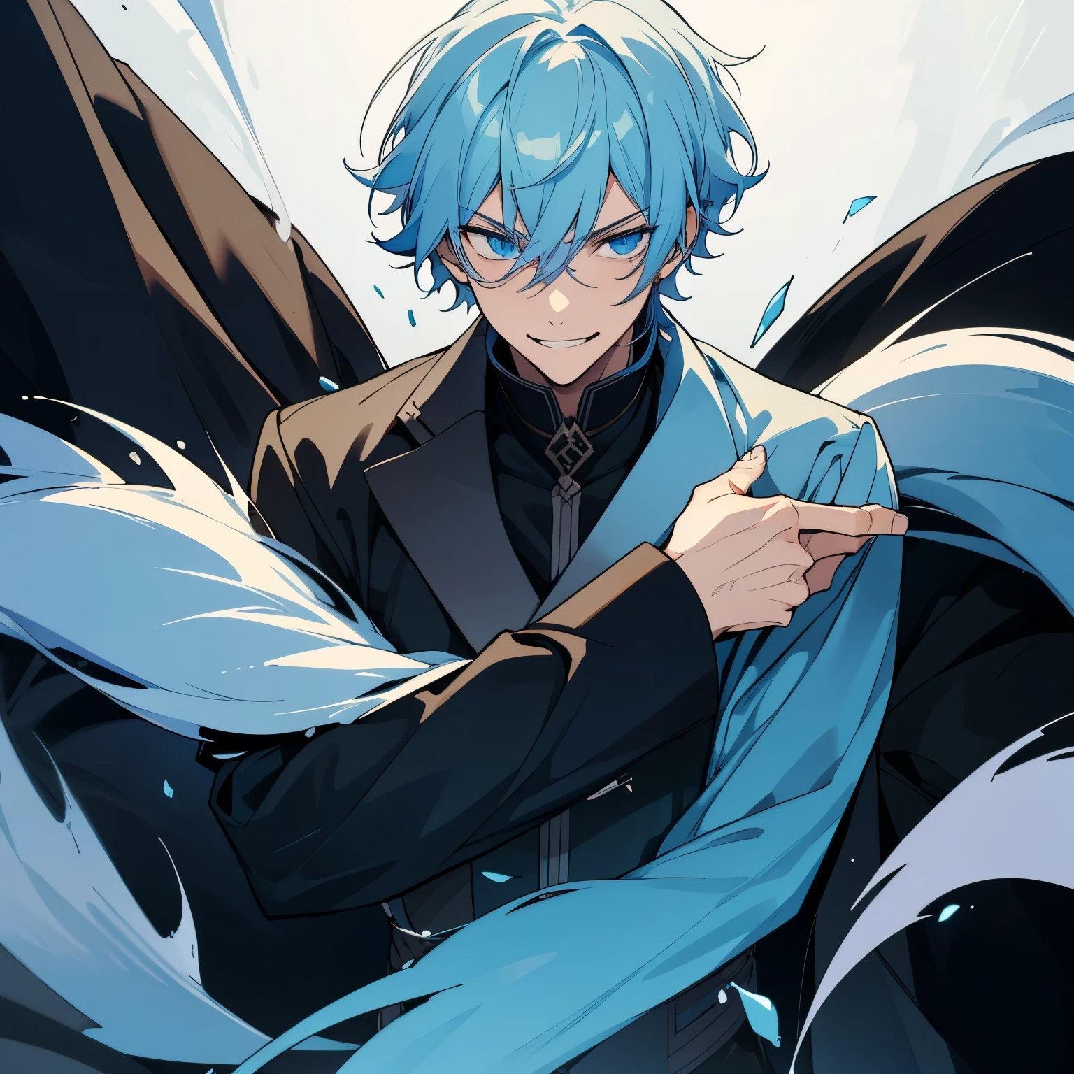 1 boy, light blue hair, blue eyes, black noble cloth, calm face, handsome male guy, masculine, old boy, grown man, 28 years old, bored face, man, big male, villain, psychopath smile, short hair, missy hair 